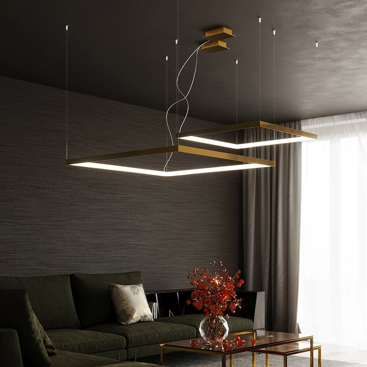 Pakabinamas šviestuvas 40W – stačiakampis, auksinis, šilta LED šviesa