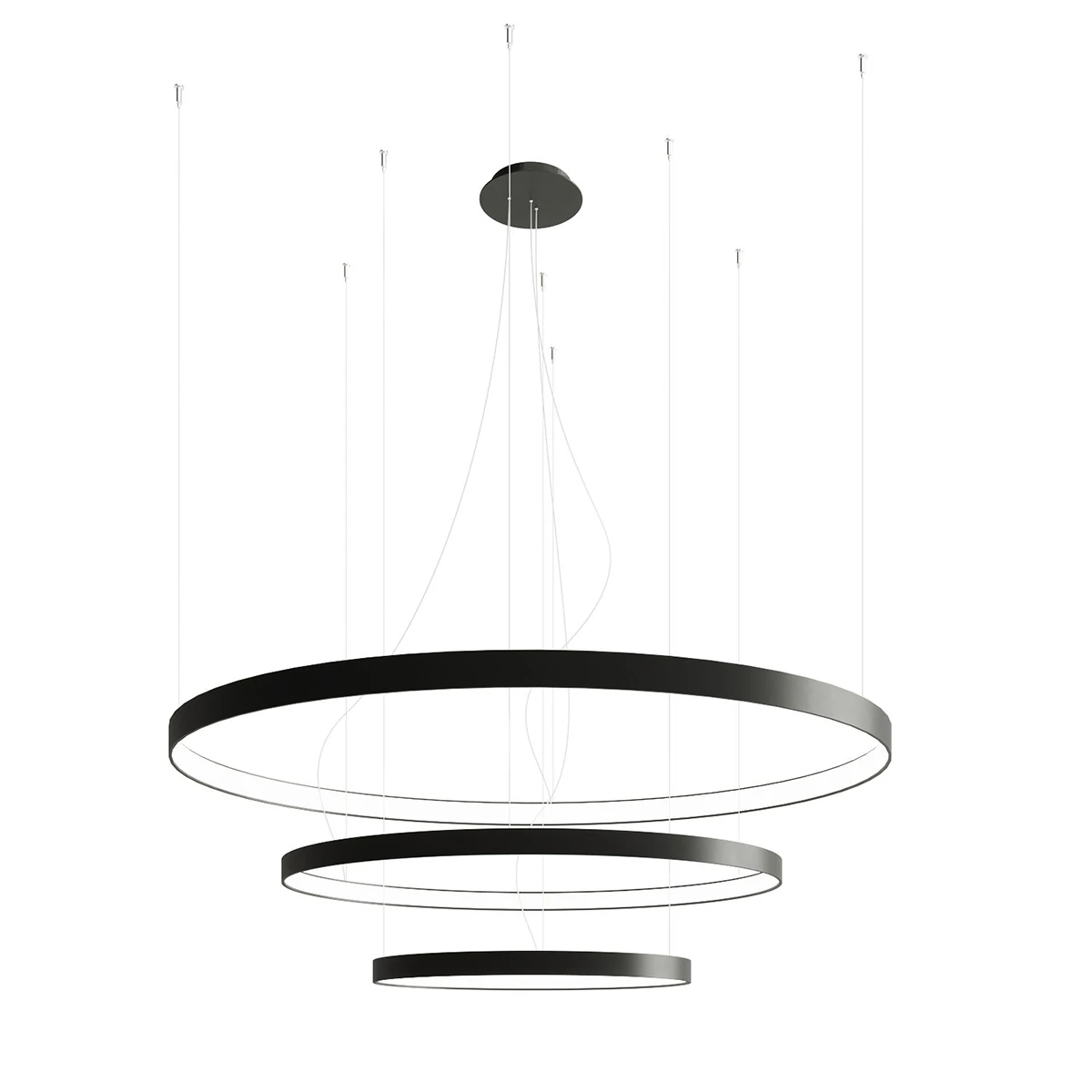 Pakabinamas šviestuvas 110 cm – 3 žiedai, juodas, šilta LED šviesa