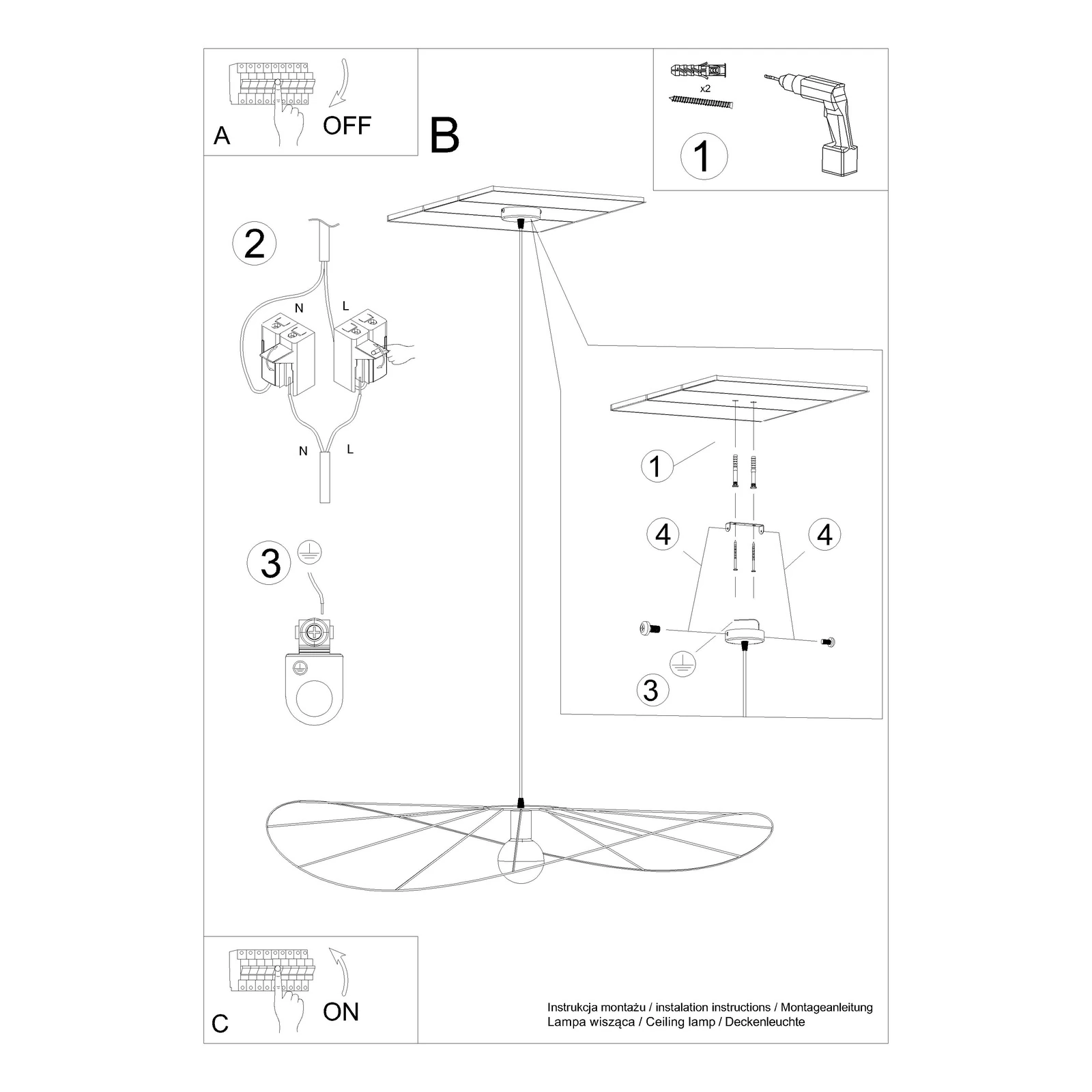 Pakabinamas šviestuvas 110 cm – organiškas gaubtas, juodas, E27