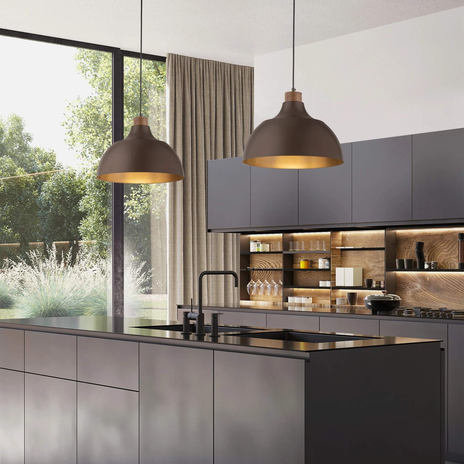 Pendant light 1x15 W – cylinder, brown, wood detail
