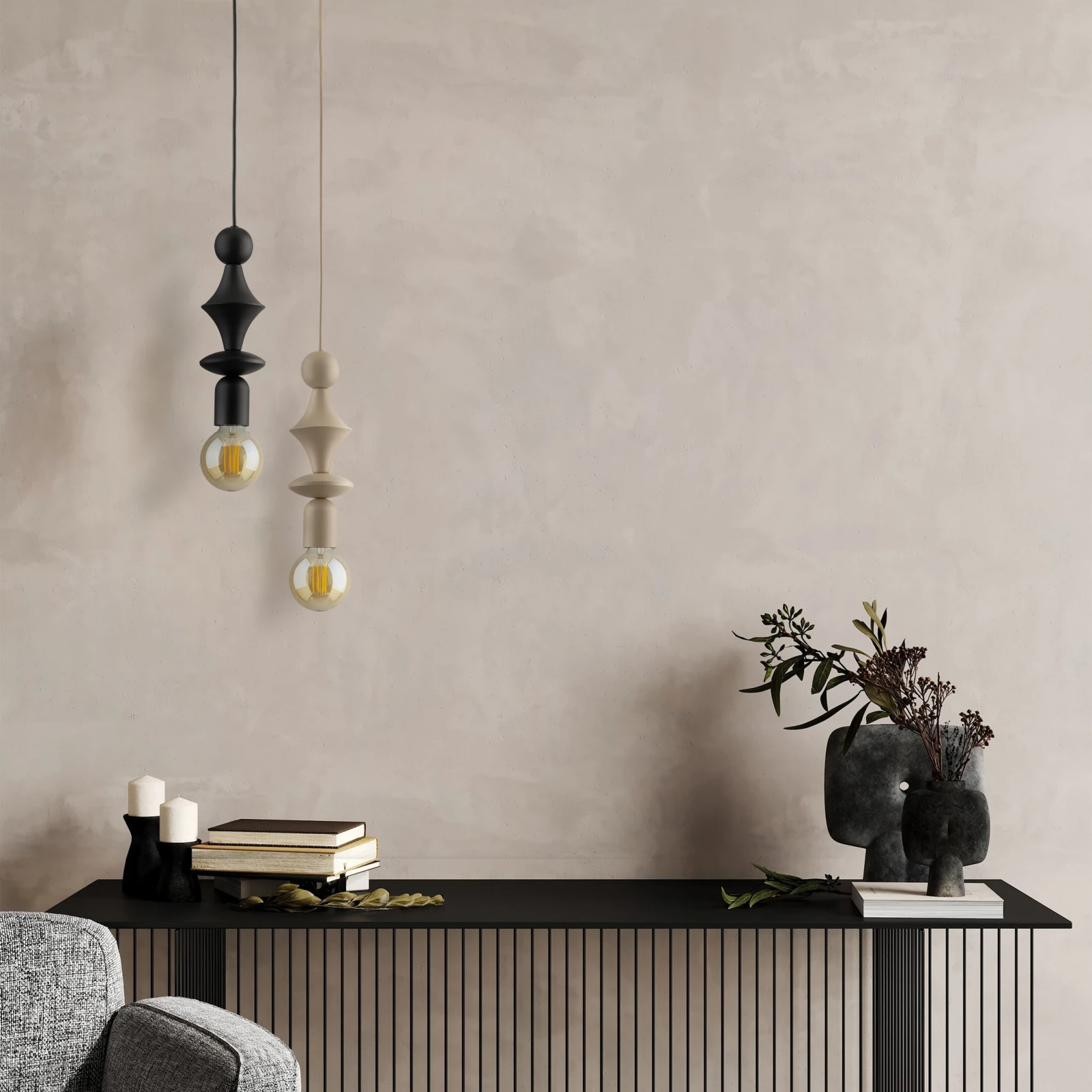 Pendant light E27 - slim tower shape, black finish