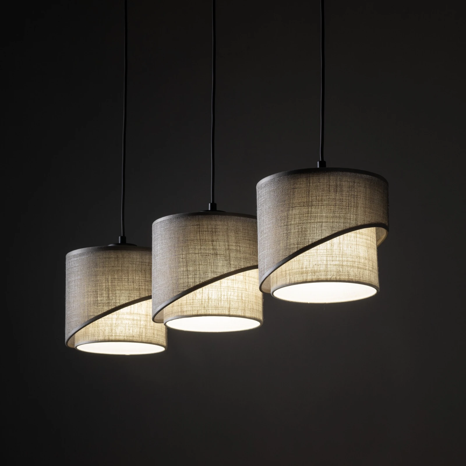 Pendant light – 3 E27 shades, black, linen-look layers