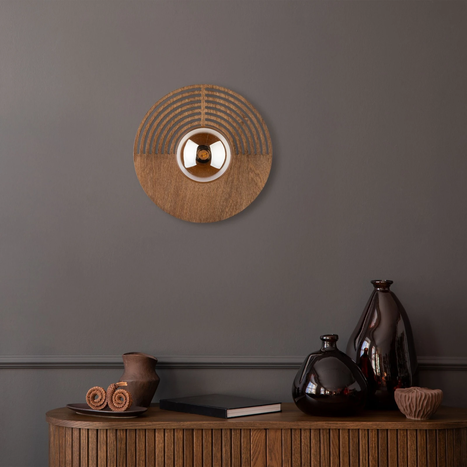 LUNAR WOOD wall light 30 cm – round, wood and glass