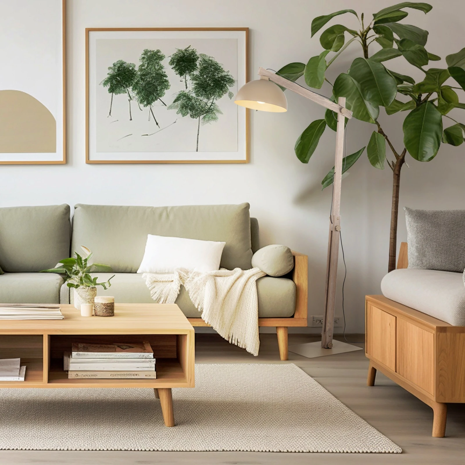 Floor lamp 15 W – beige, wood detail, adjustable E27