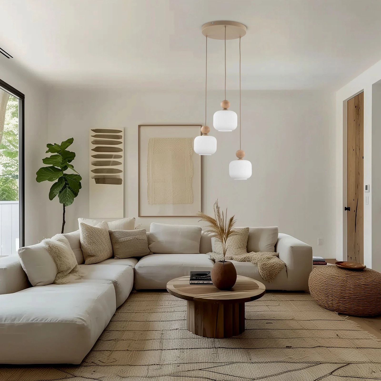 Pendant light 3x10 W – glass shades, beige and white