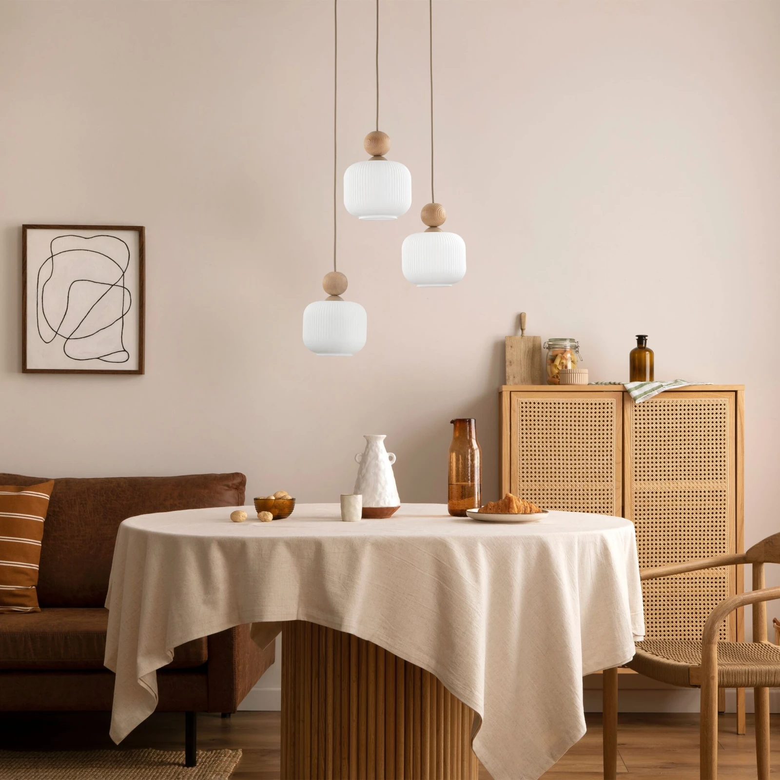 Pendant light 3x10 W – glass shades, beige and white