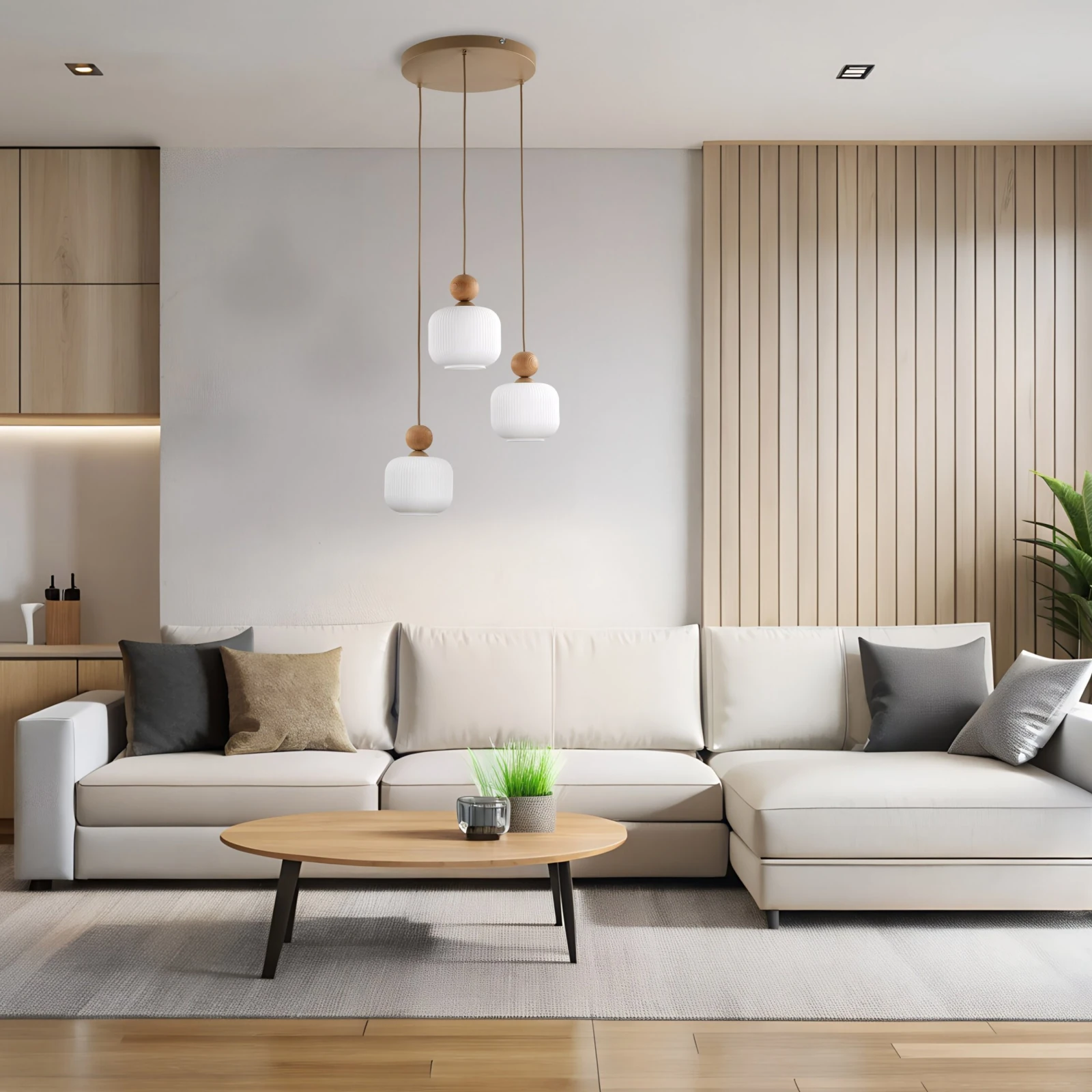 Pendant light 3x10 W – glass shades, beige and white