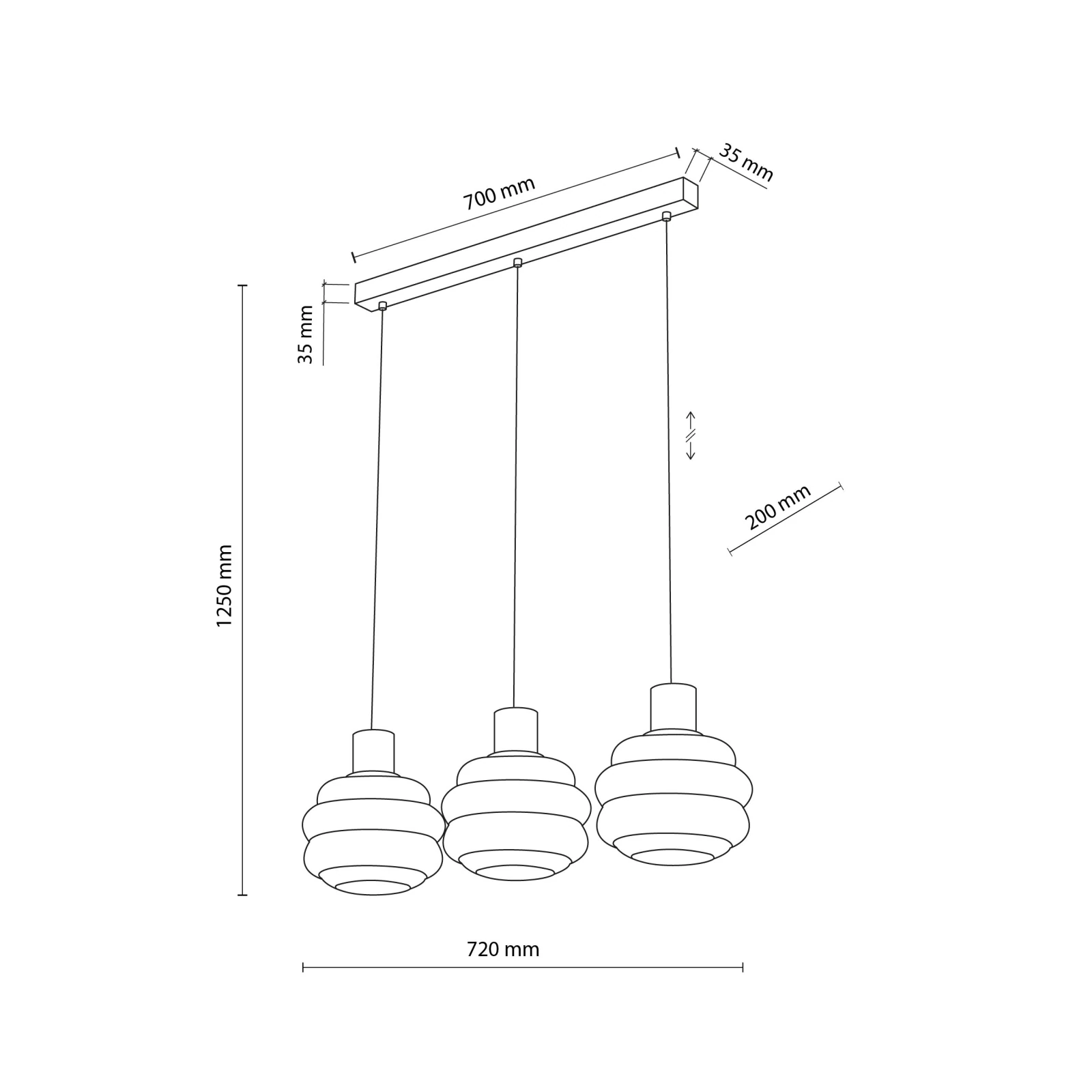 Pendant 3xE27 light – linear, white wavy glass shades