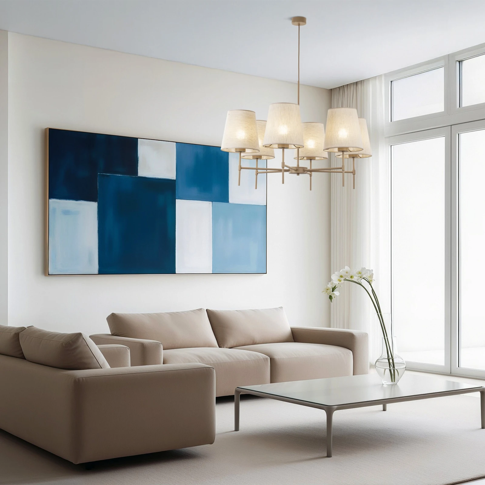 ELIZABETH pendant light – 6 lights, beige linen shades