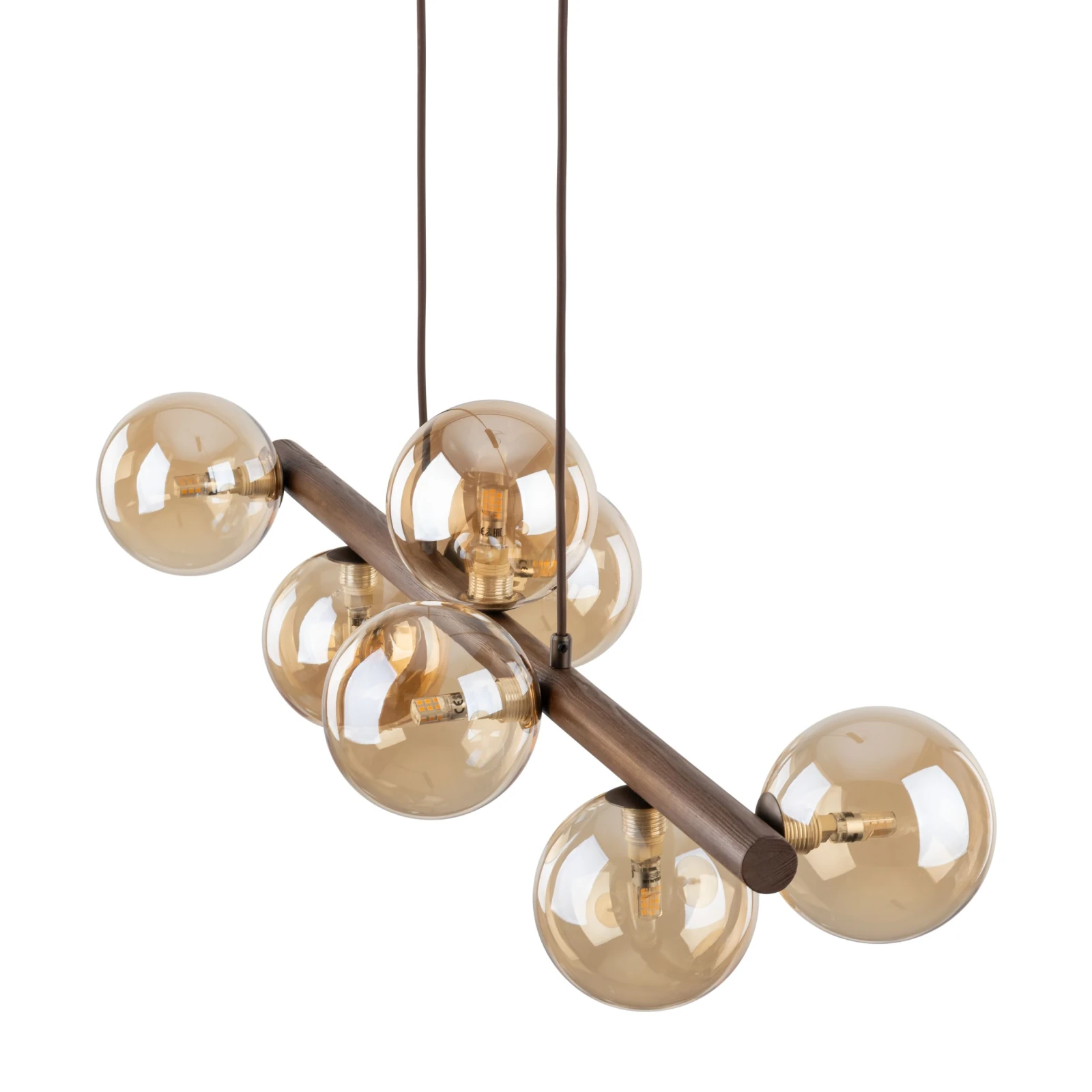 Pendant lamp 7xG9 – amber glass spheres, walnut accent