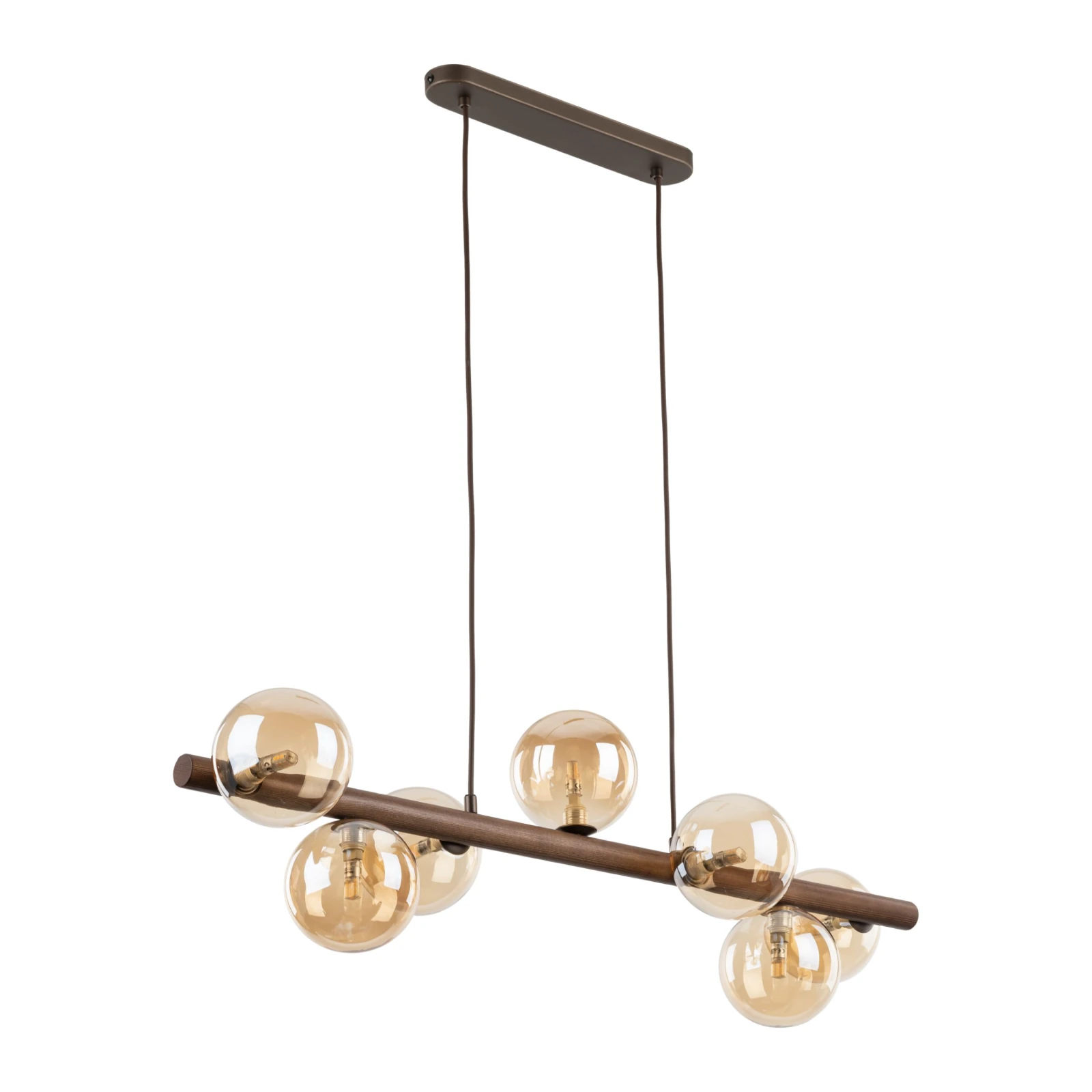 Pendant lamp 7xG9 – amber glass spheres, walnut accent