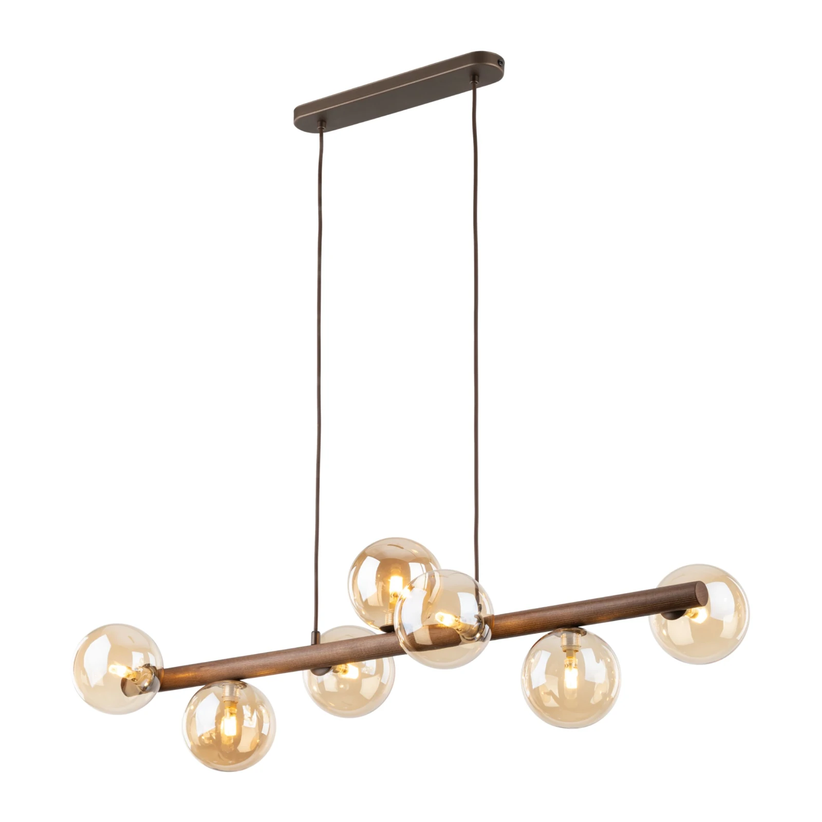 Pendant lamp 7xG9 – amber glass spheres, walnut accent
