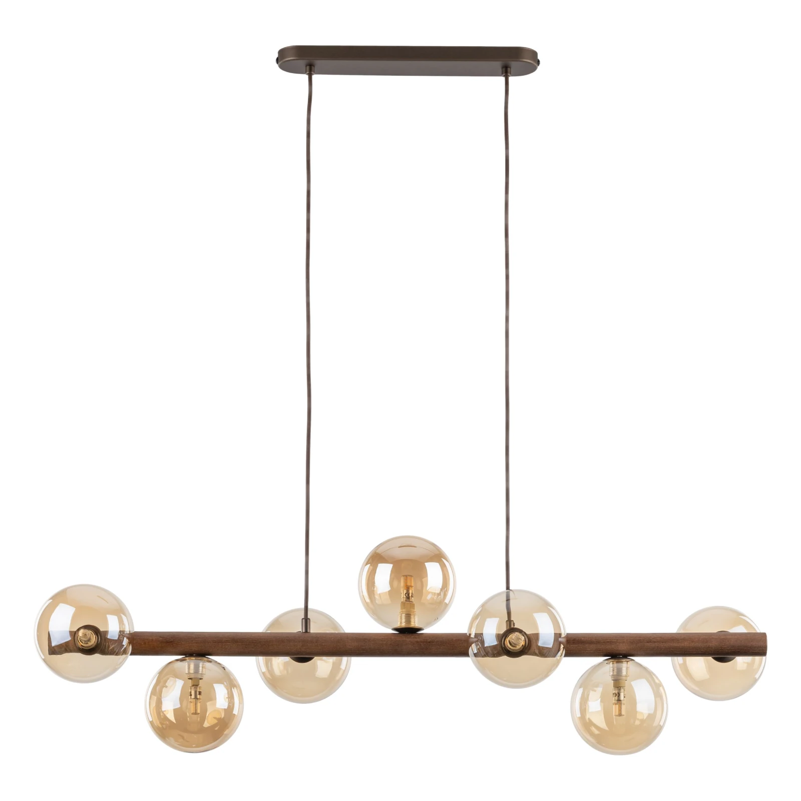 Pendant lamp 7xG9 – amber glass spheres, walnut accent