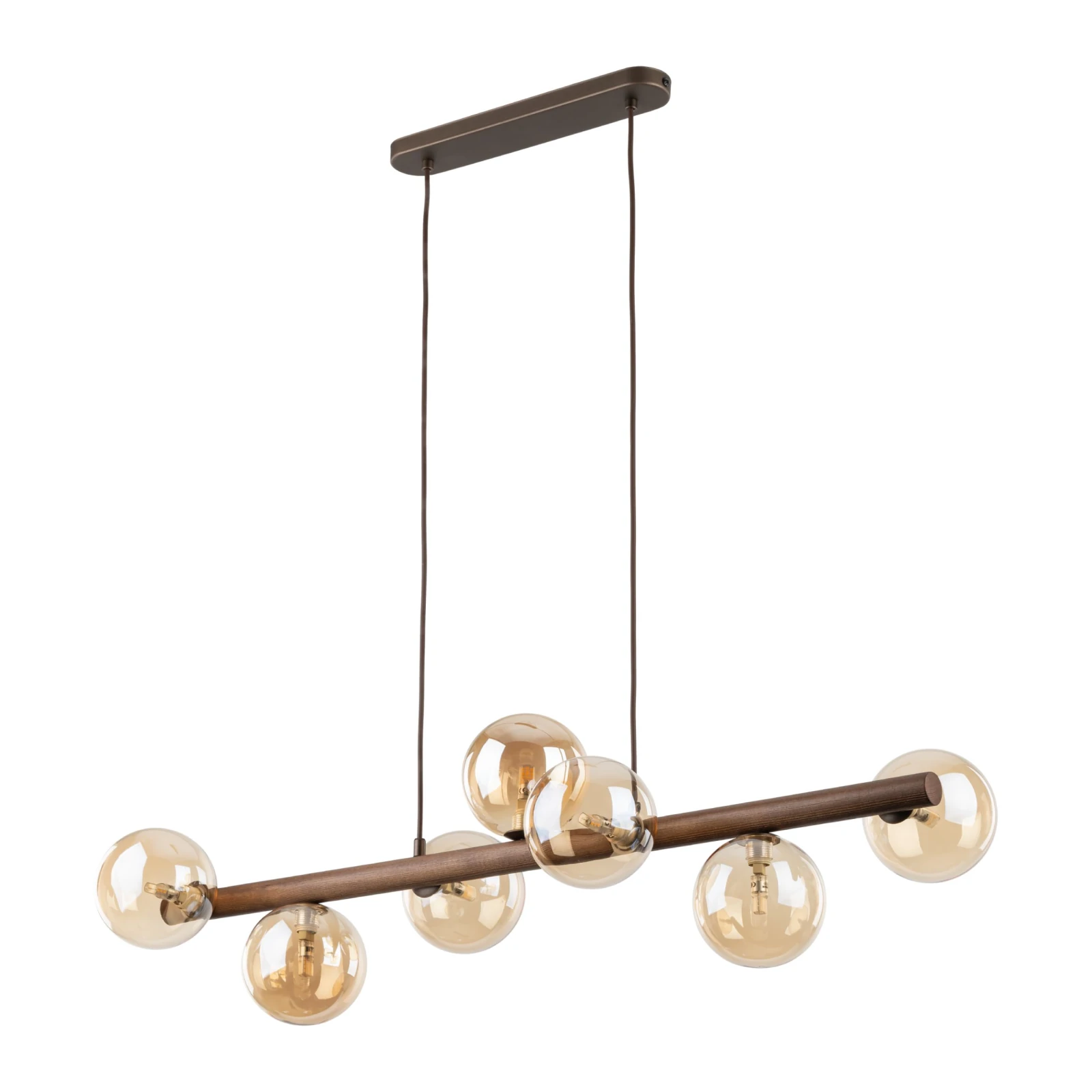 Pendant lamp 7xG9 – amber glass spheres, walnut accent