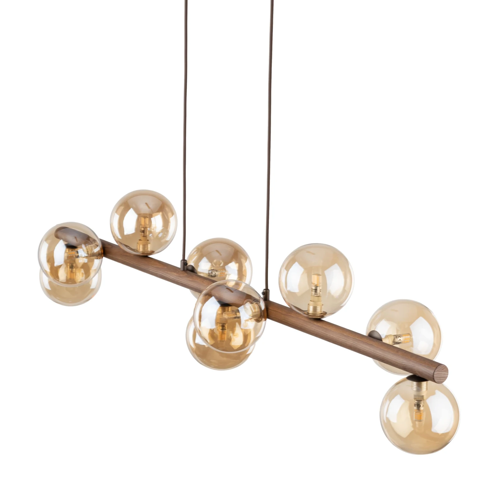 Pendant lamp 9xG9 – amber glass spheres, walnut accent