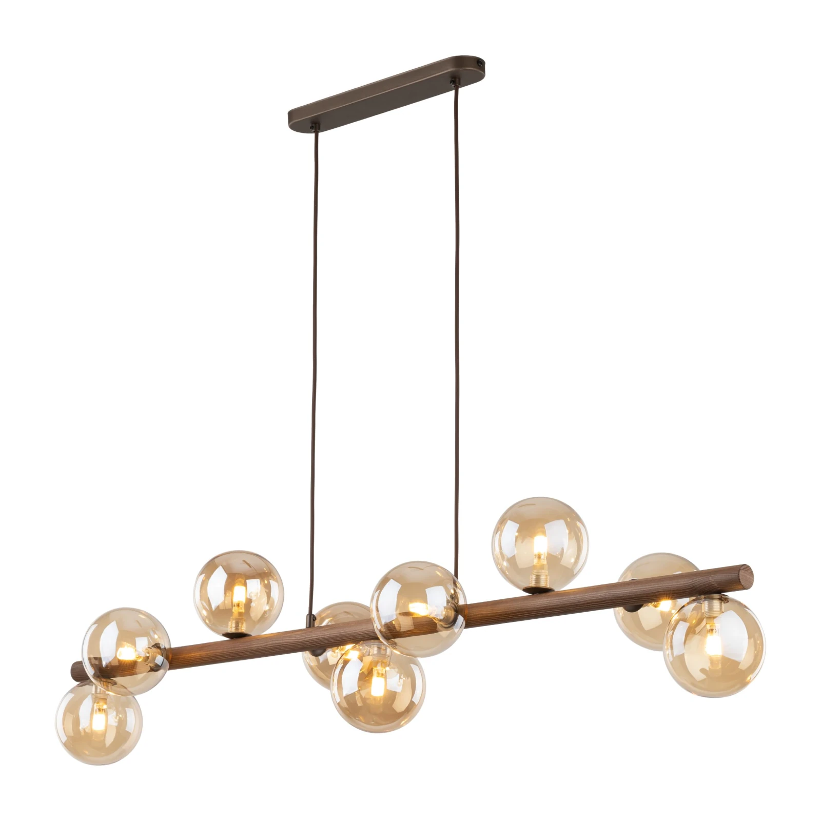 Pendant lamp 9xG9 – amber glass spheres, walnut accent