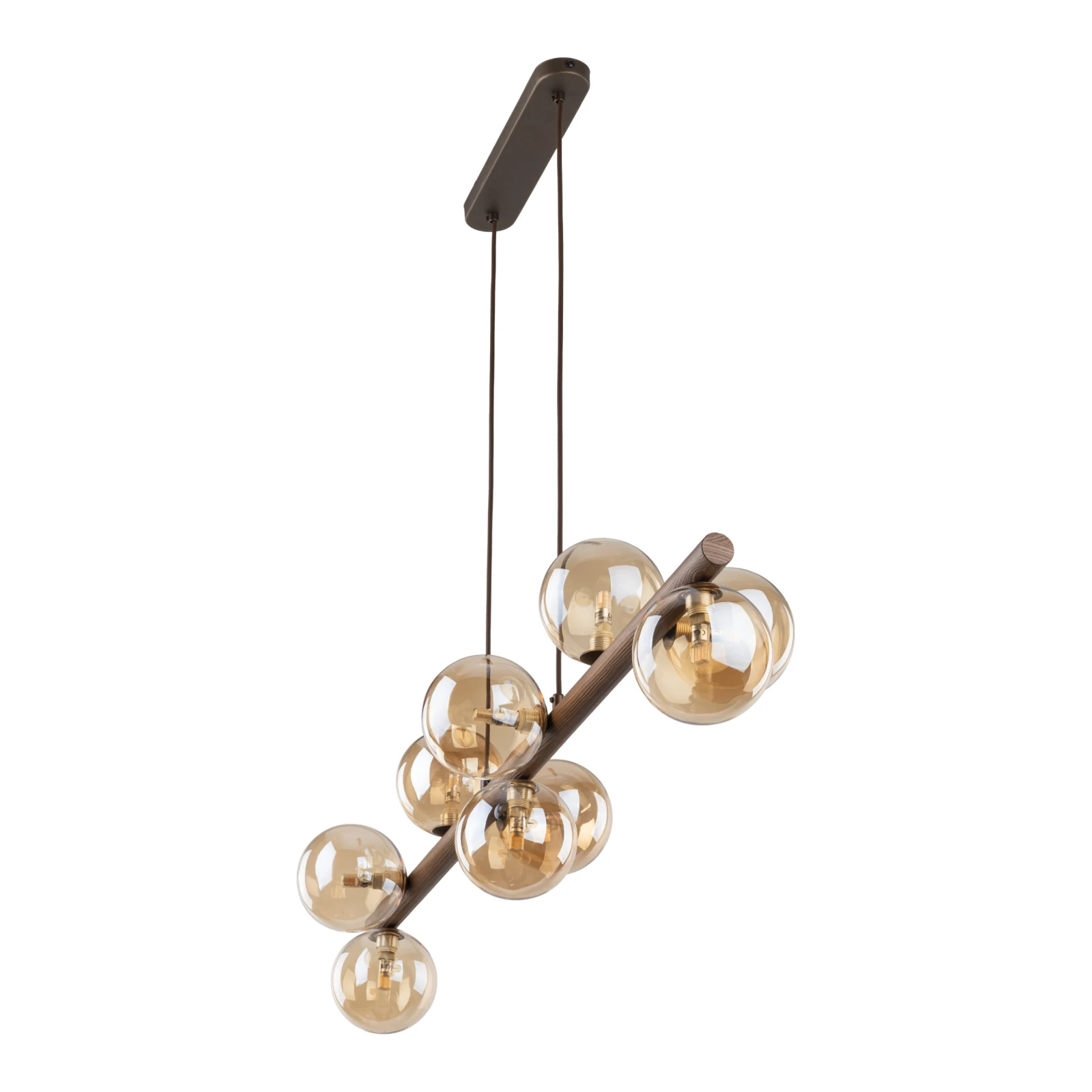 Pendant lamp 9xG9 – amber glass spheres, walnut accent