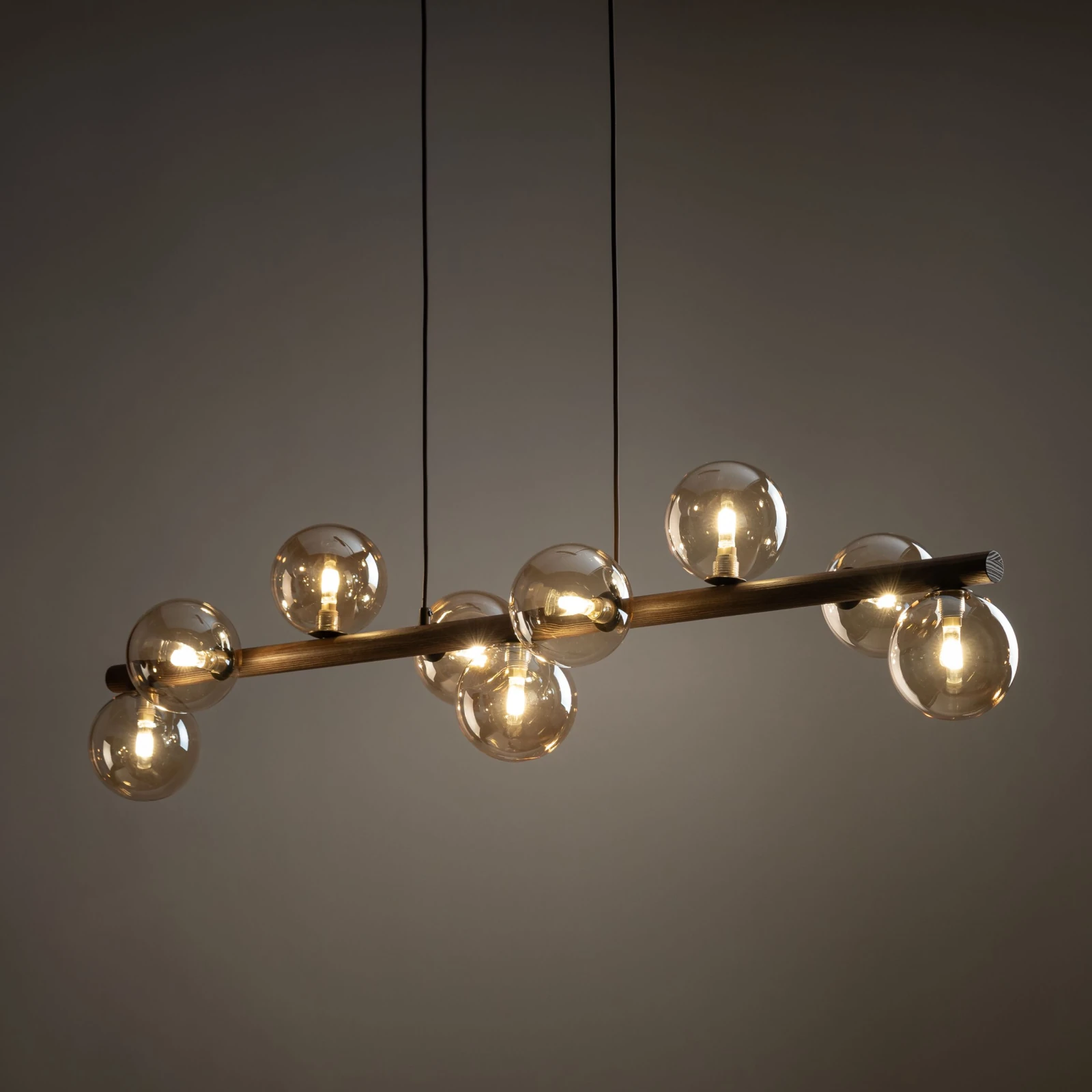 Pendant lamp 9xG9 – amber glass spheres, walnut accent