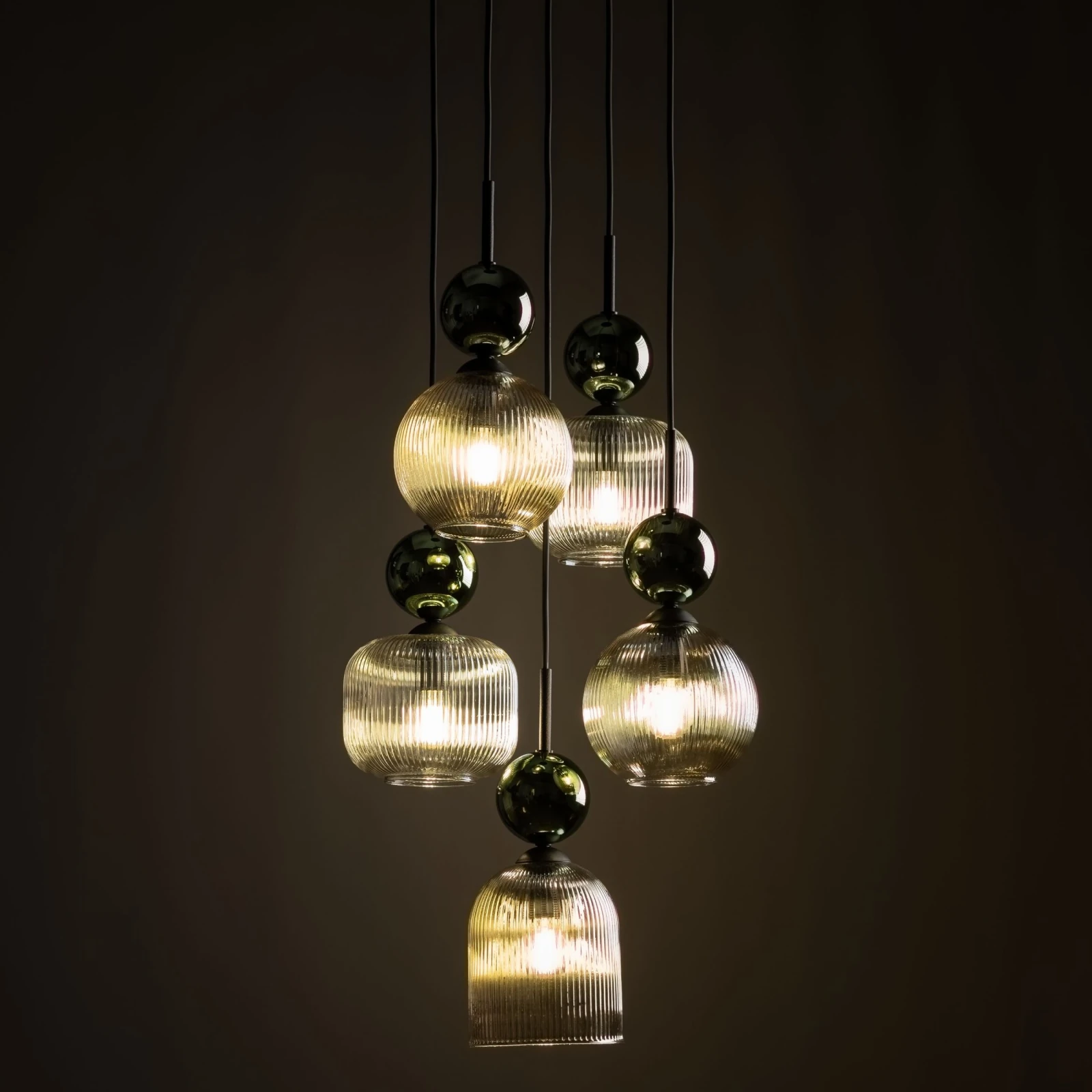 Pendant Lamp 5xE14 – round, green glass, glamour accent