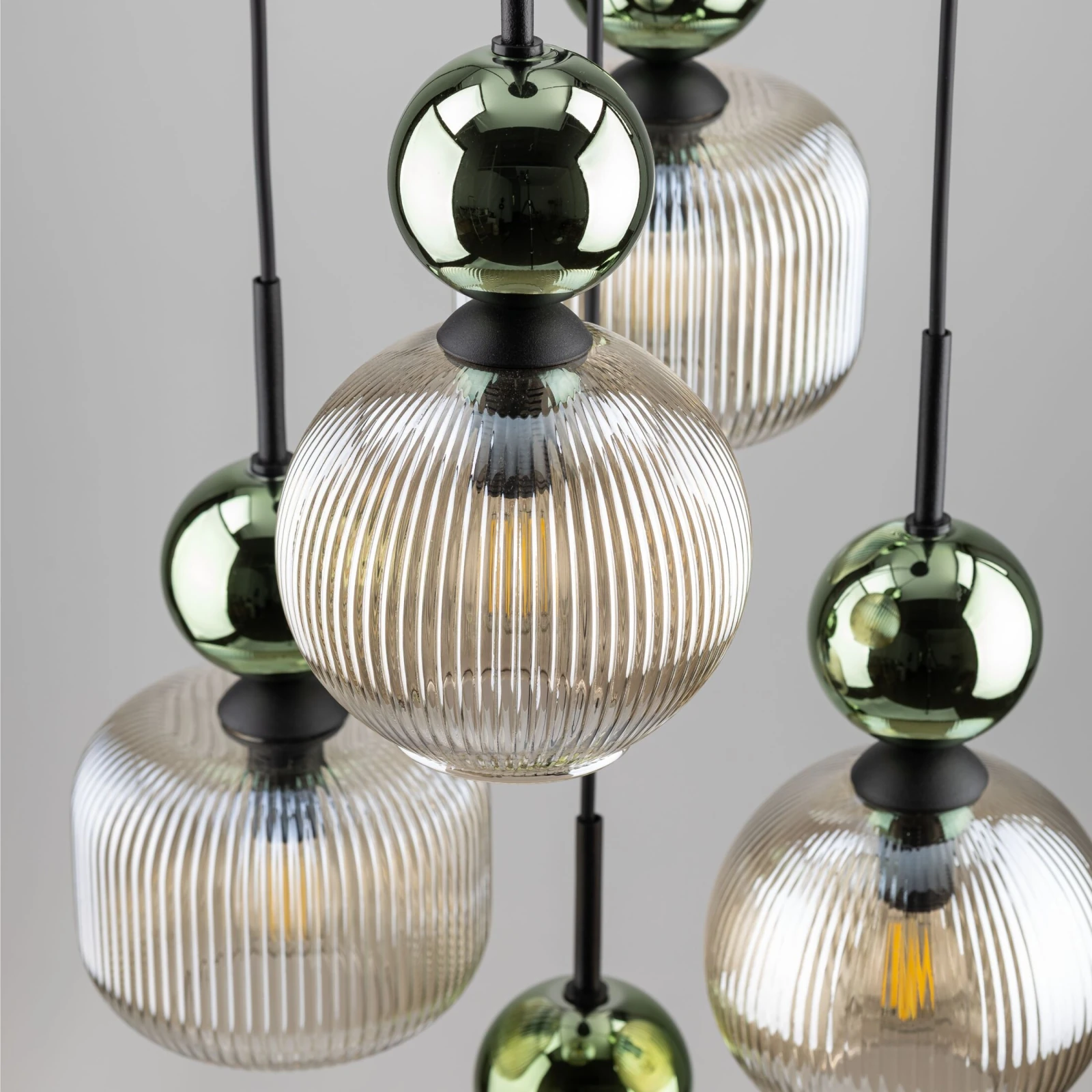 Pendant Lamp 5xE14 – round, green glass, glamour accent