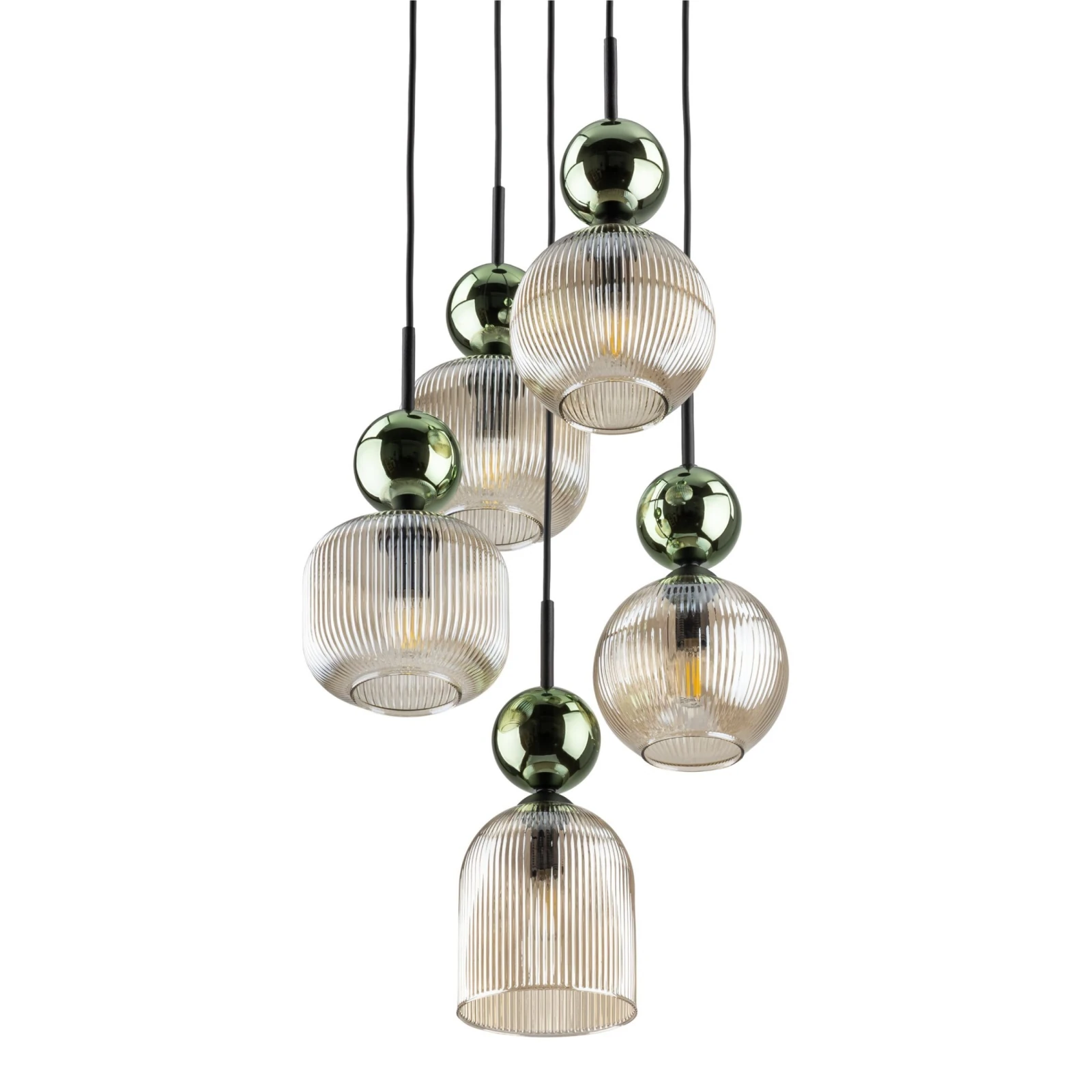 Pendant Lamp 5xE14 – round, green glass, glamour accent
