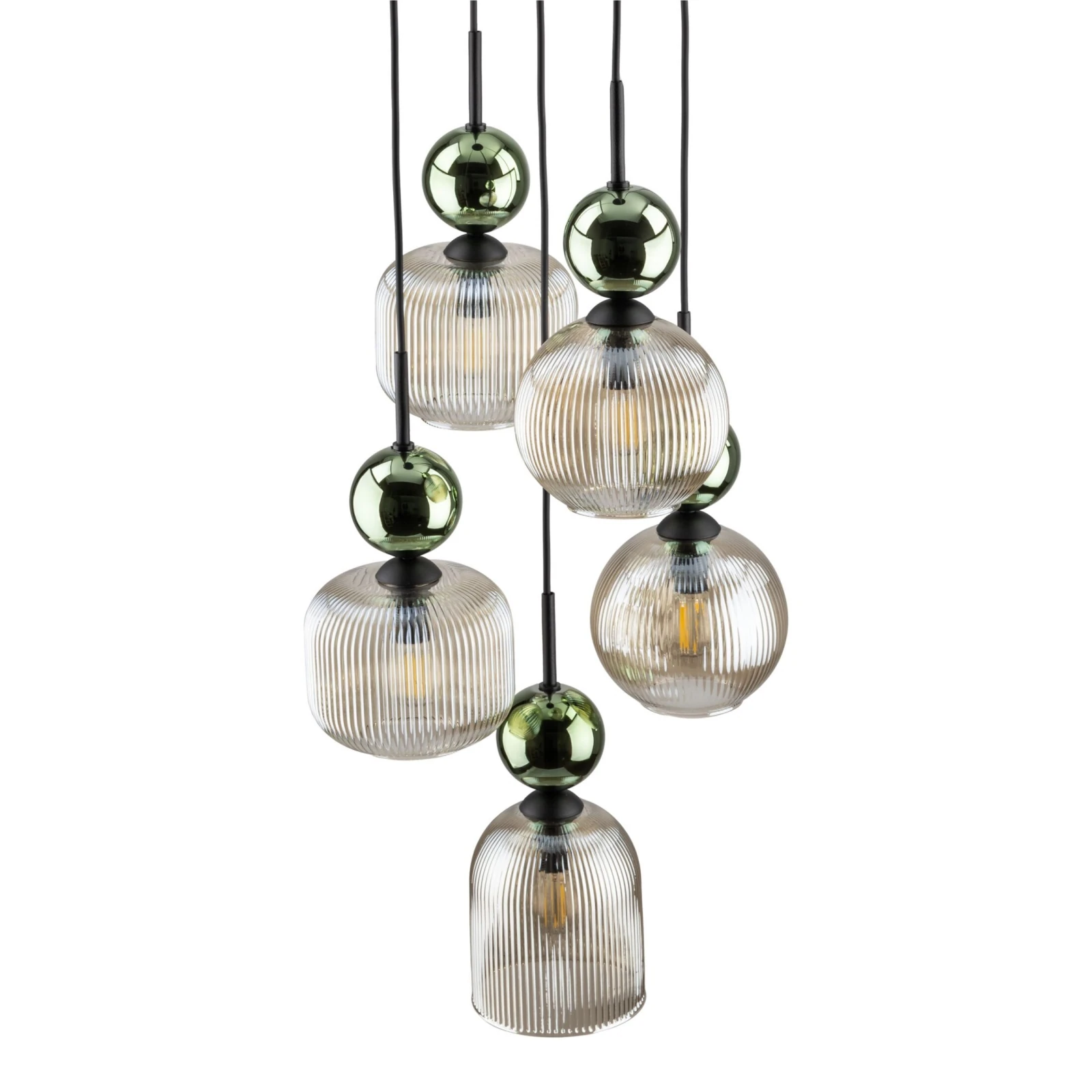 Pendant Lamp 5xE14 – round, green glass, glamour accent