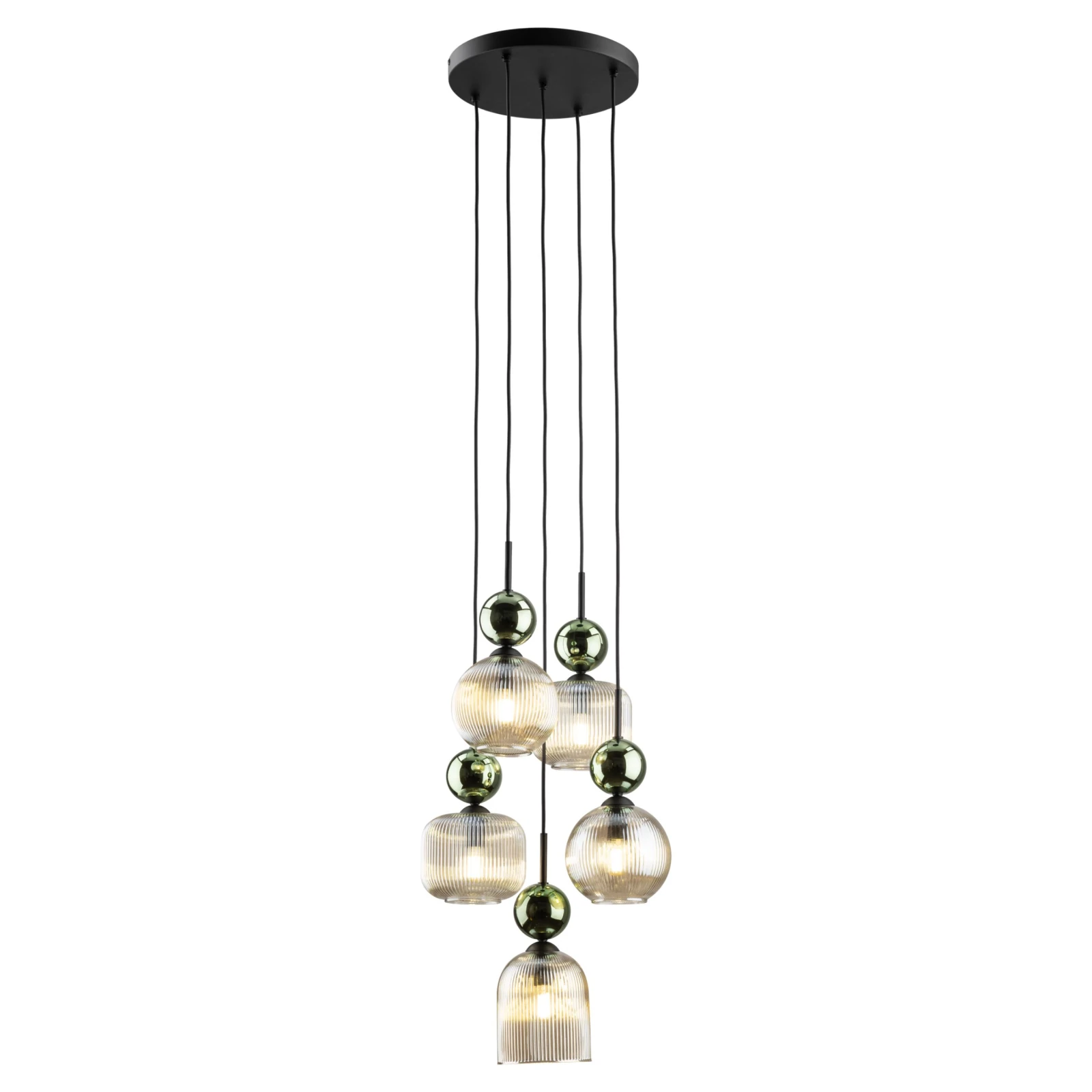 Pendant Lamp 5xE14 – round, green glass, glamour accent