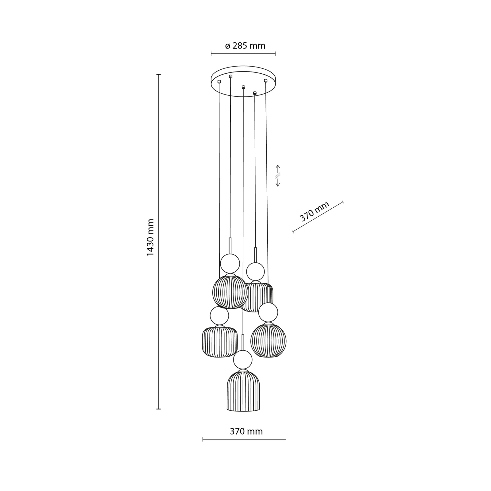 Pendant Lamp 5xE14 – round, green glass, glamour accent