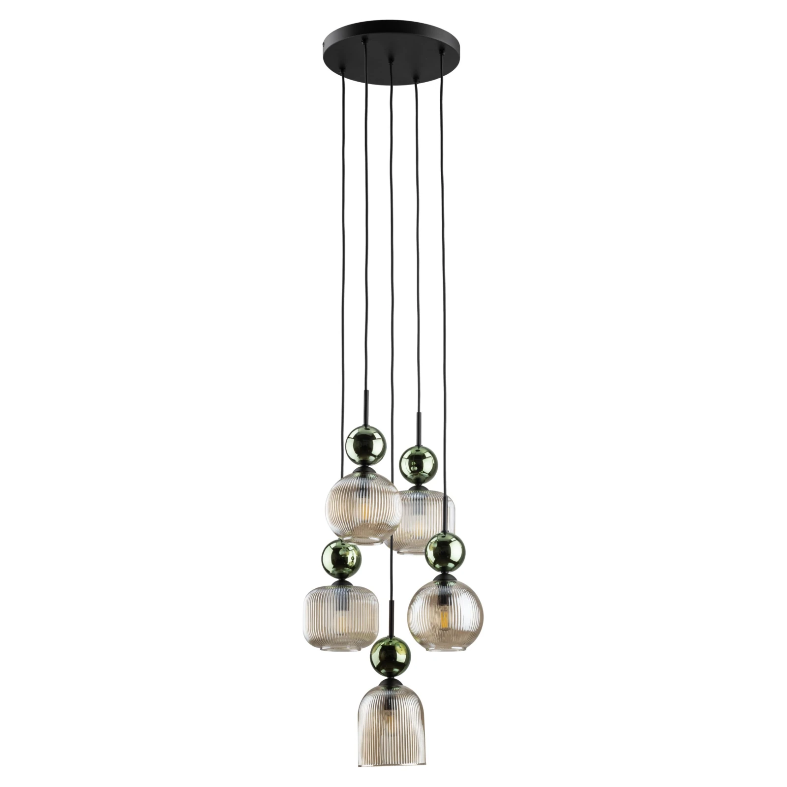 Pendant Lamp 5xE14 – round, green glass, glamour accent
