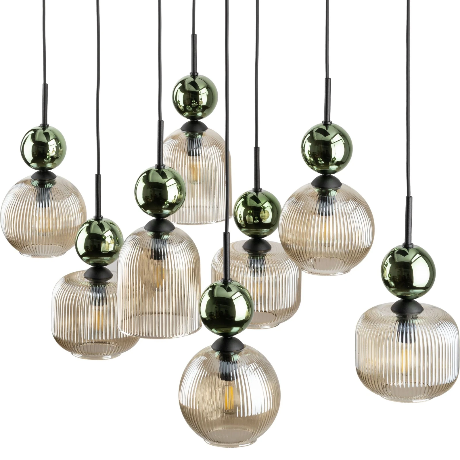Pendant Light SOPHIA 8xE14 – ribbed glass, green and cognac tones