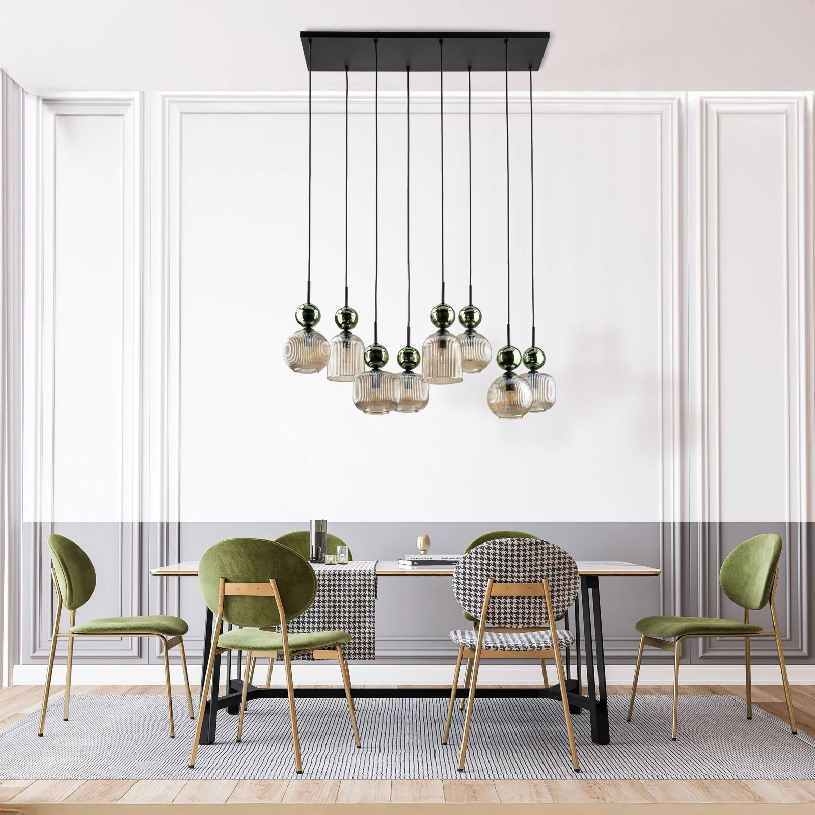 Pendant Light SOPHIA 8xE14 – ribbed glass, green and cognac tones