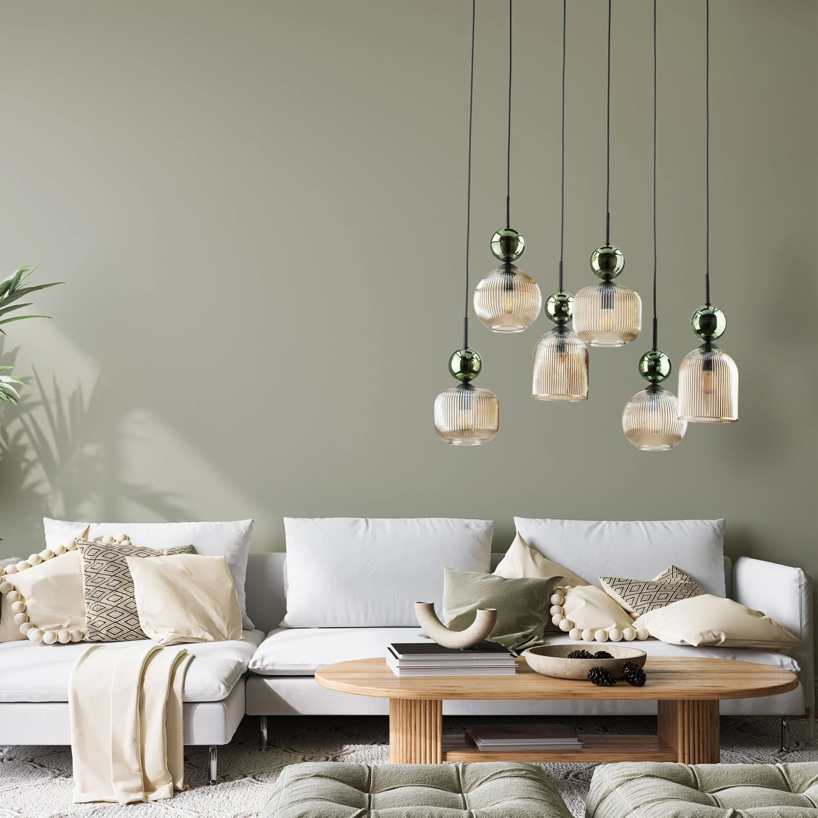 SOPHIA pendant light 6xE14 – green and cognac glass, black frame