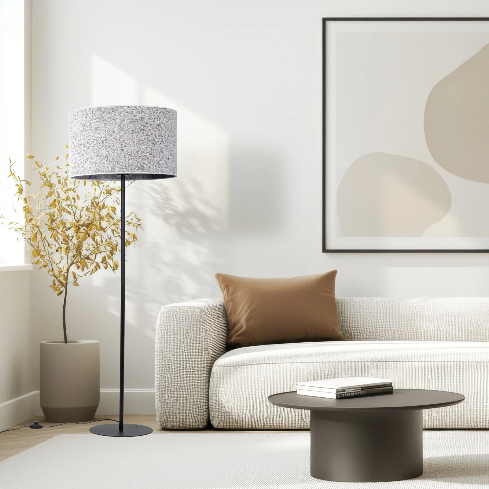 VELLUM floor lamp – black, cylindrical textured fabric shade