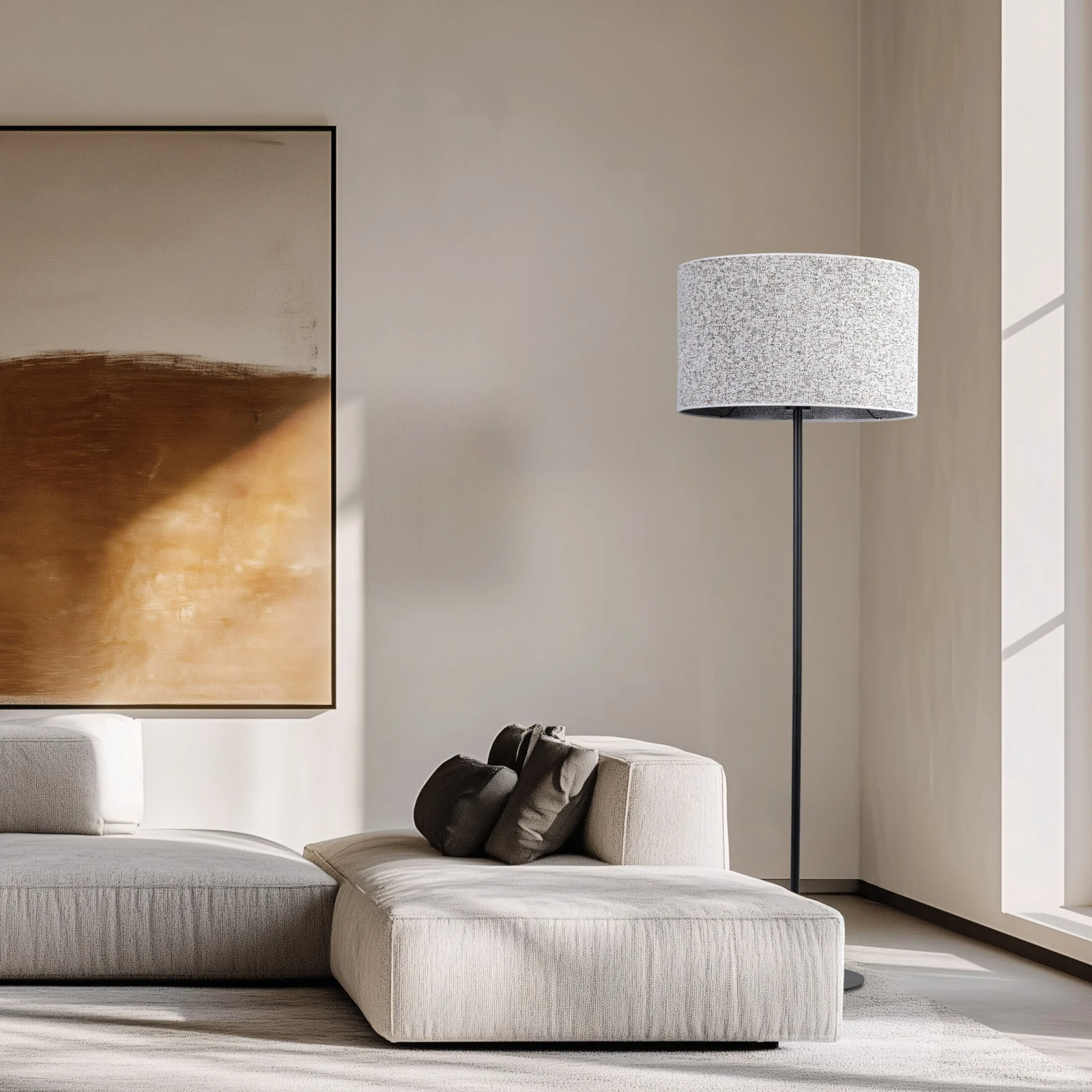 VELLUM floor lamp – black, cylindrical textured fabric shade