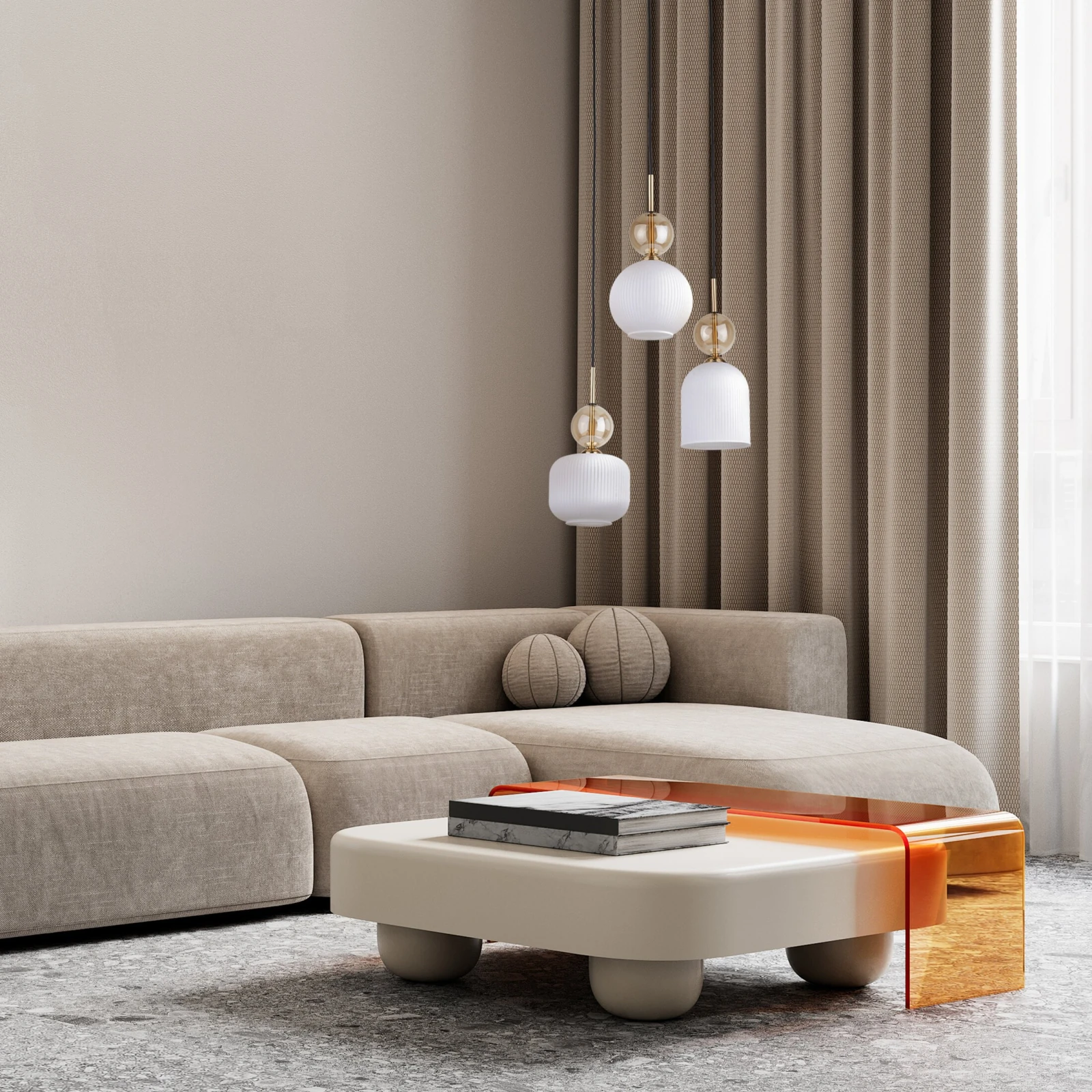 Triple ceiling light 3x10 W – round, cognac ribbed glass