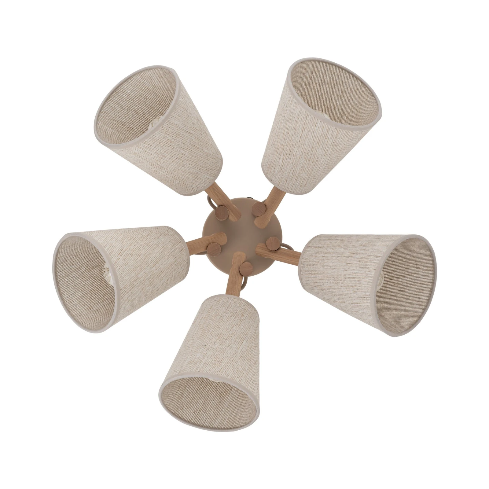 Ceiling light 5 x 15 W – fabric shades, natural wood detail