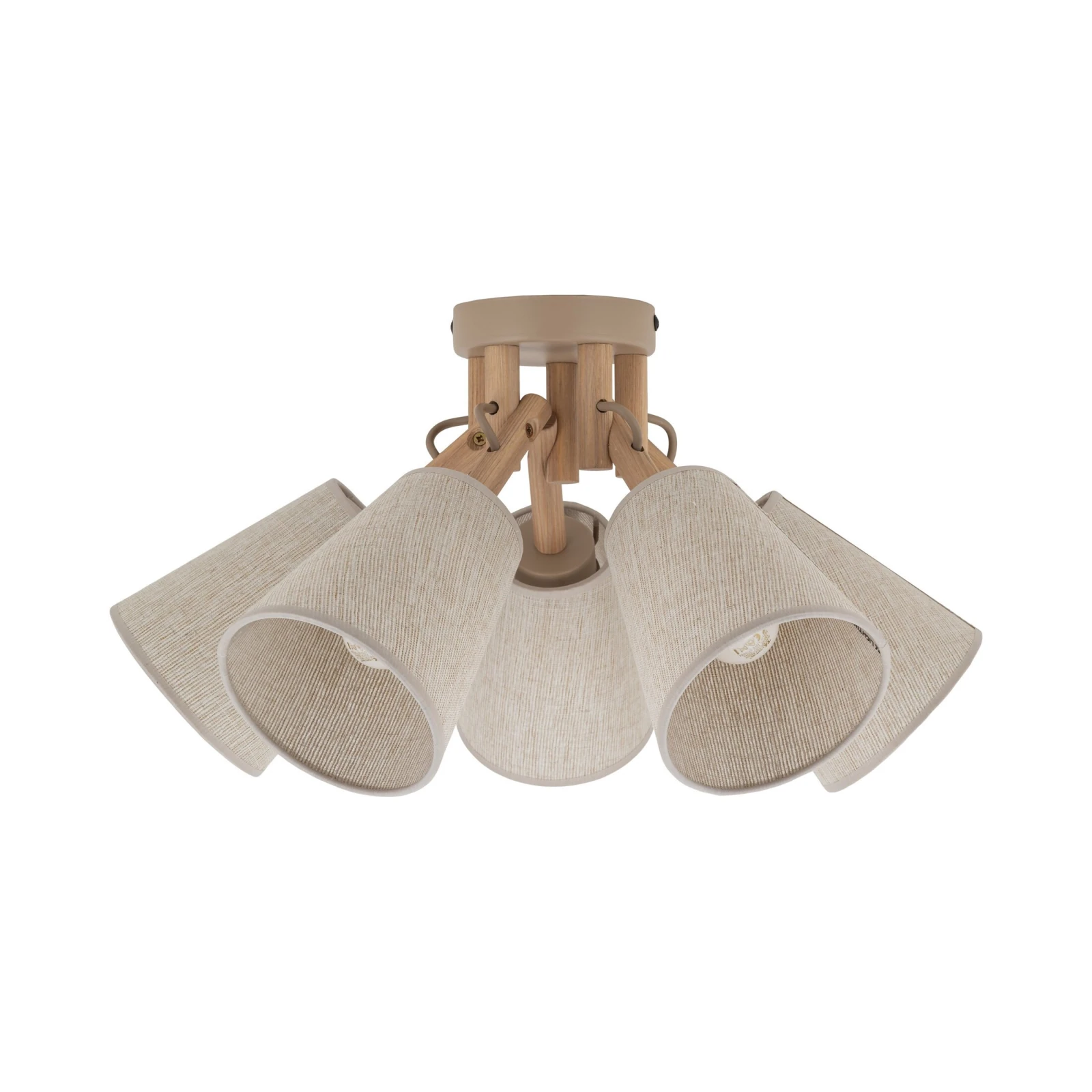 Ceiling light 5 x 15 W – fabric shades, natural wood detail