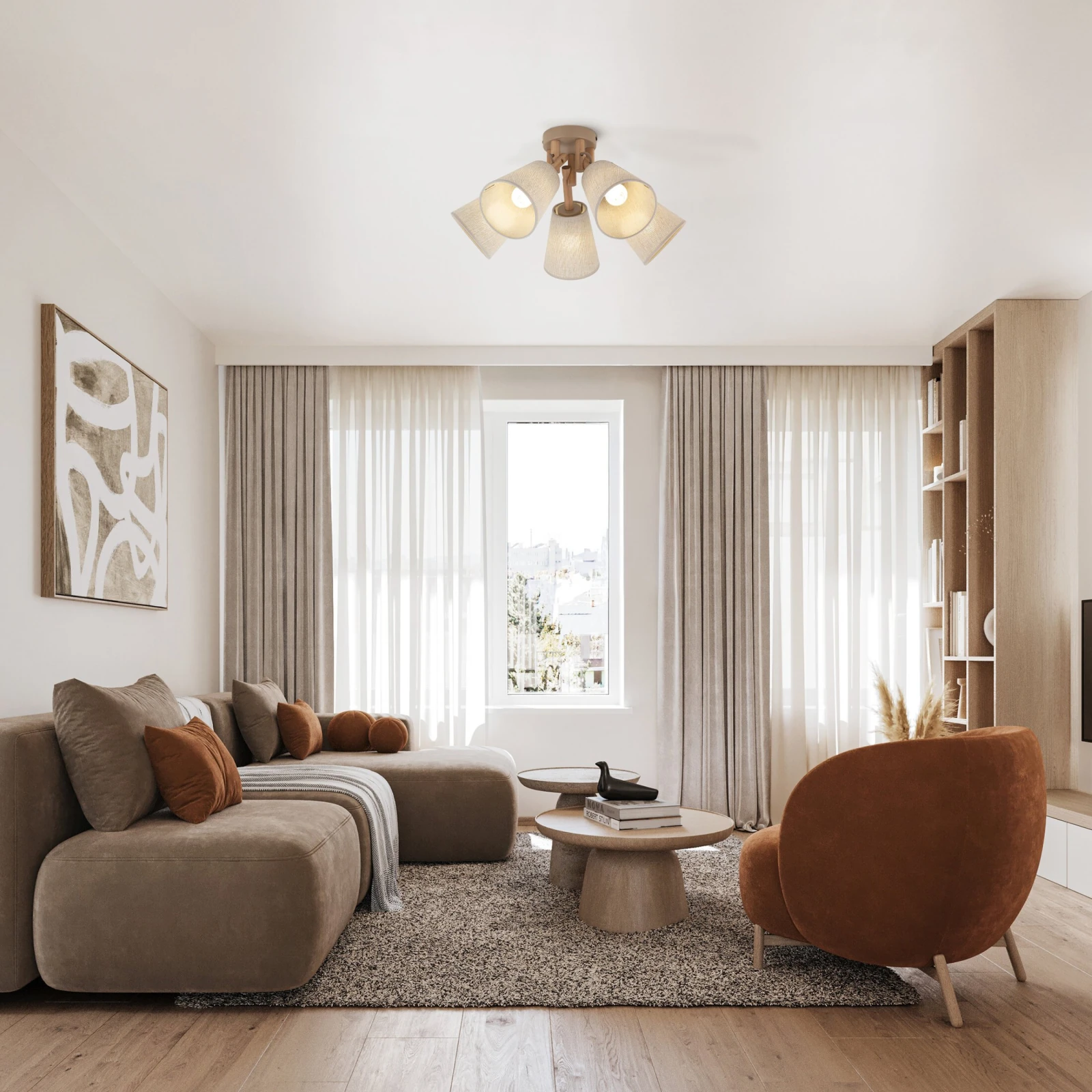 Ceiling light 5 x 15 W – fabric shades, natural wood detail