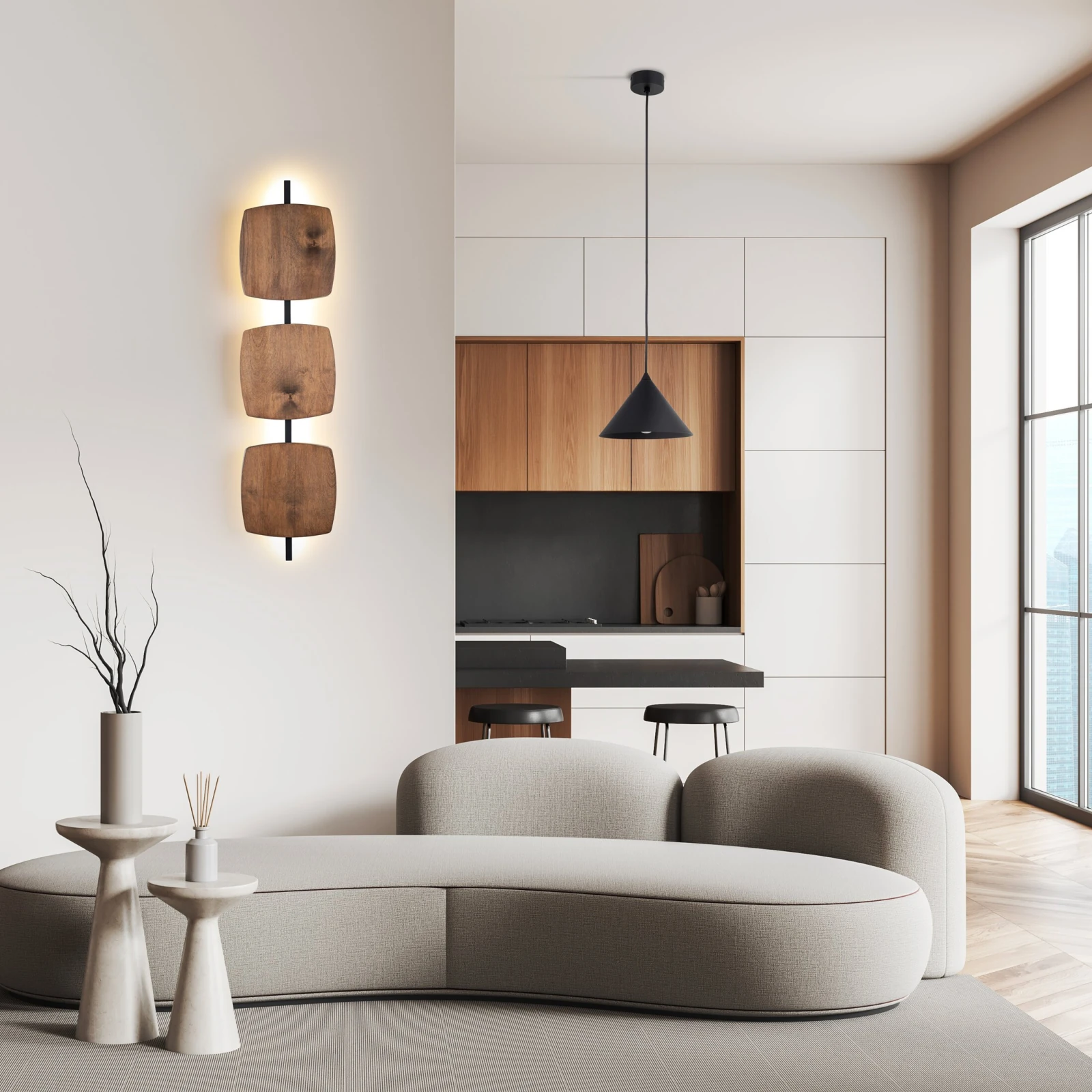 Sieninis LED šviestuvas SELVA L, 18 W, trys riešutmedžio skydeliai