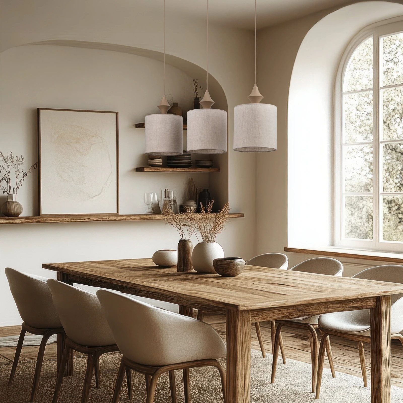 Pendant light 3xE27 – linear, sand beige, fabric shades