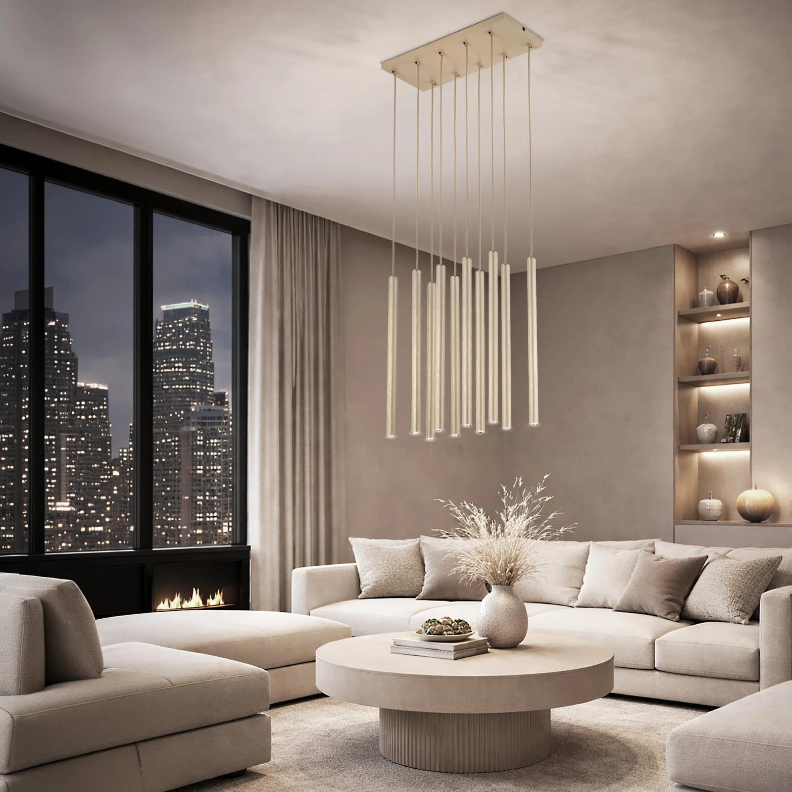 Pendant light 10xG9 – linear, champagne, ribbed
