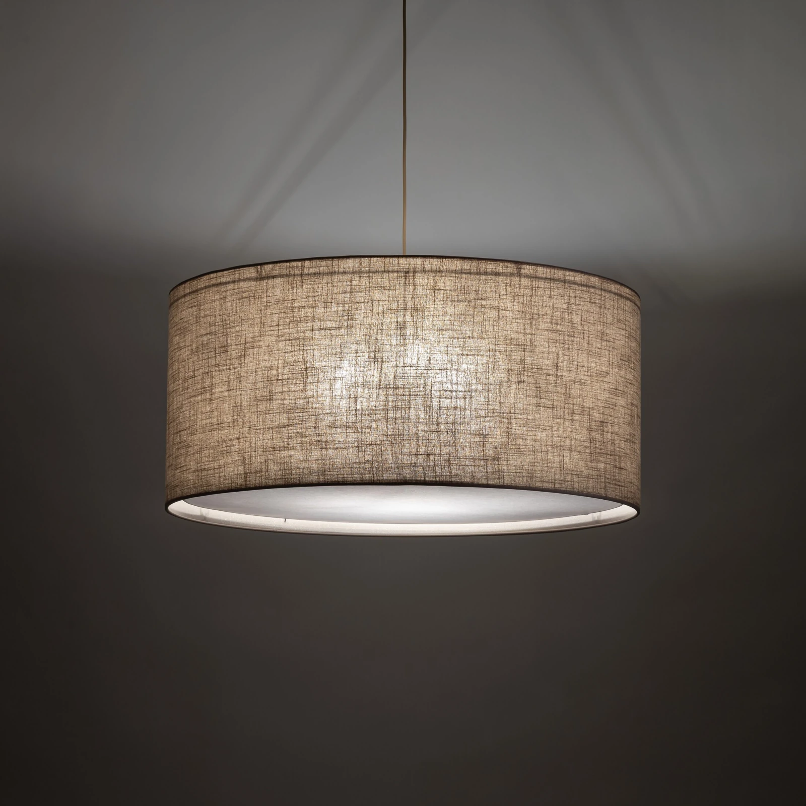 Pendant light 3xE27 – cylindrical, linen tone, diffuser