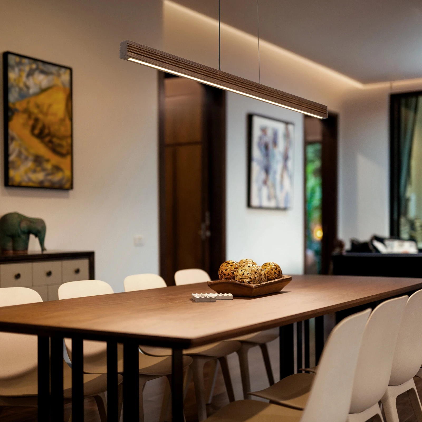 Pendant LED light 24 W – linear, walnut wood finish