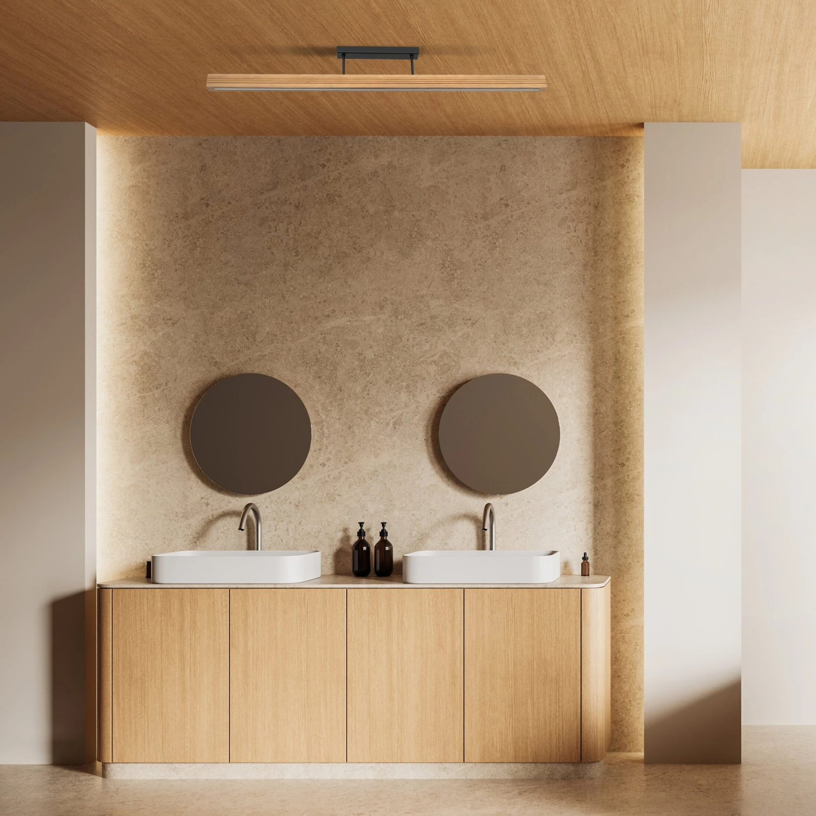 Ceiling LED light 25 W – linear, natural wood, warm light
