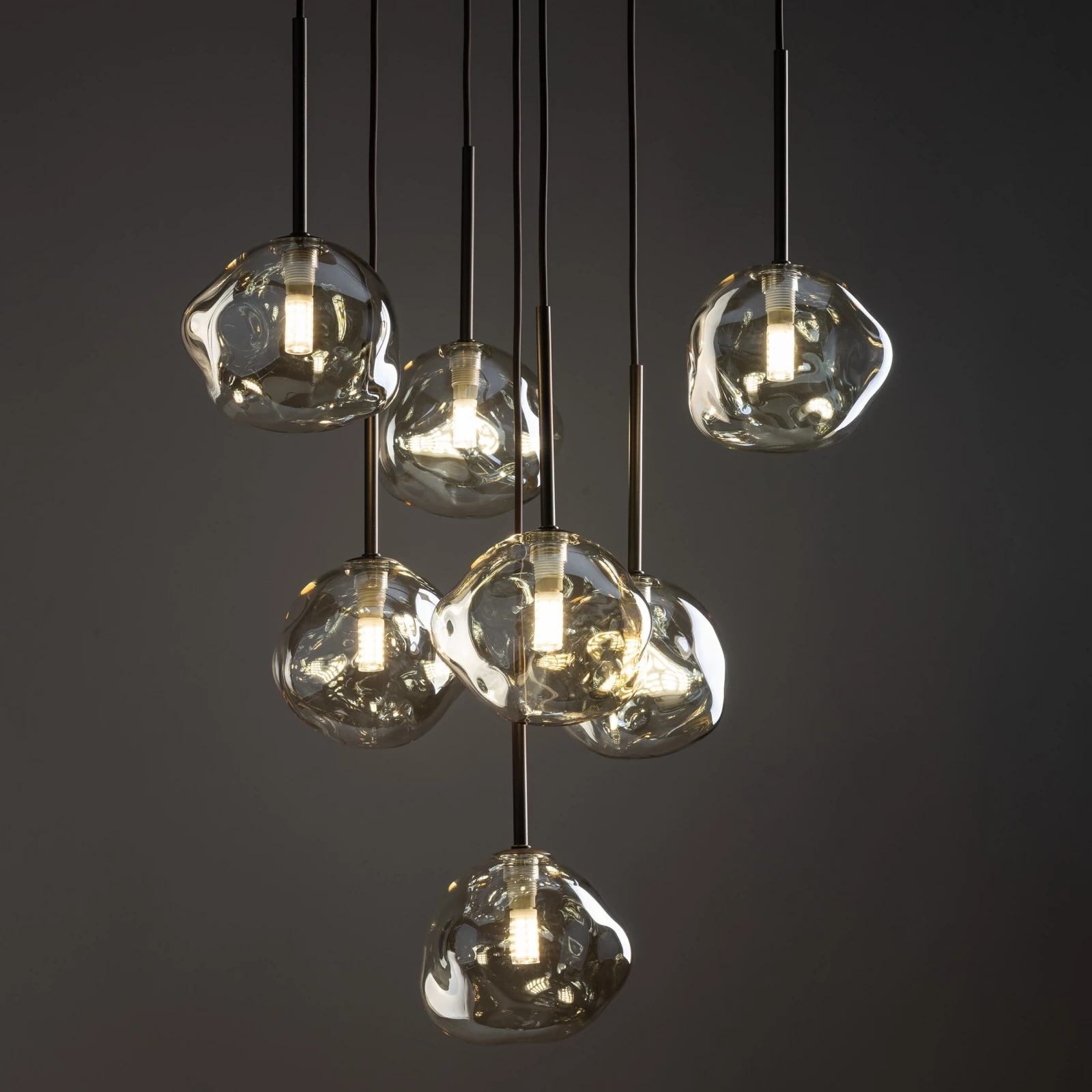 Pendant light 7x8 W – glass shades, brown, sculptural
