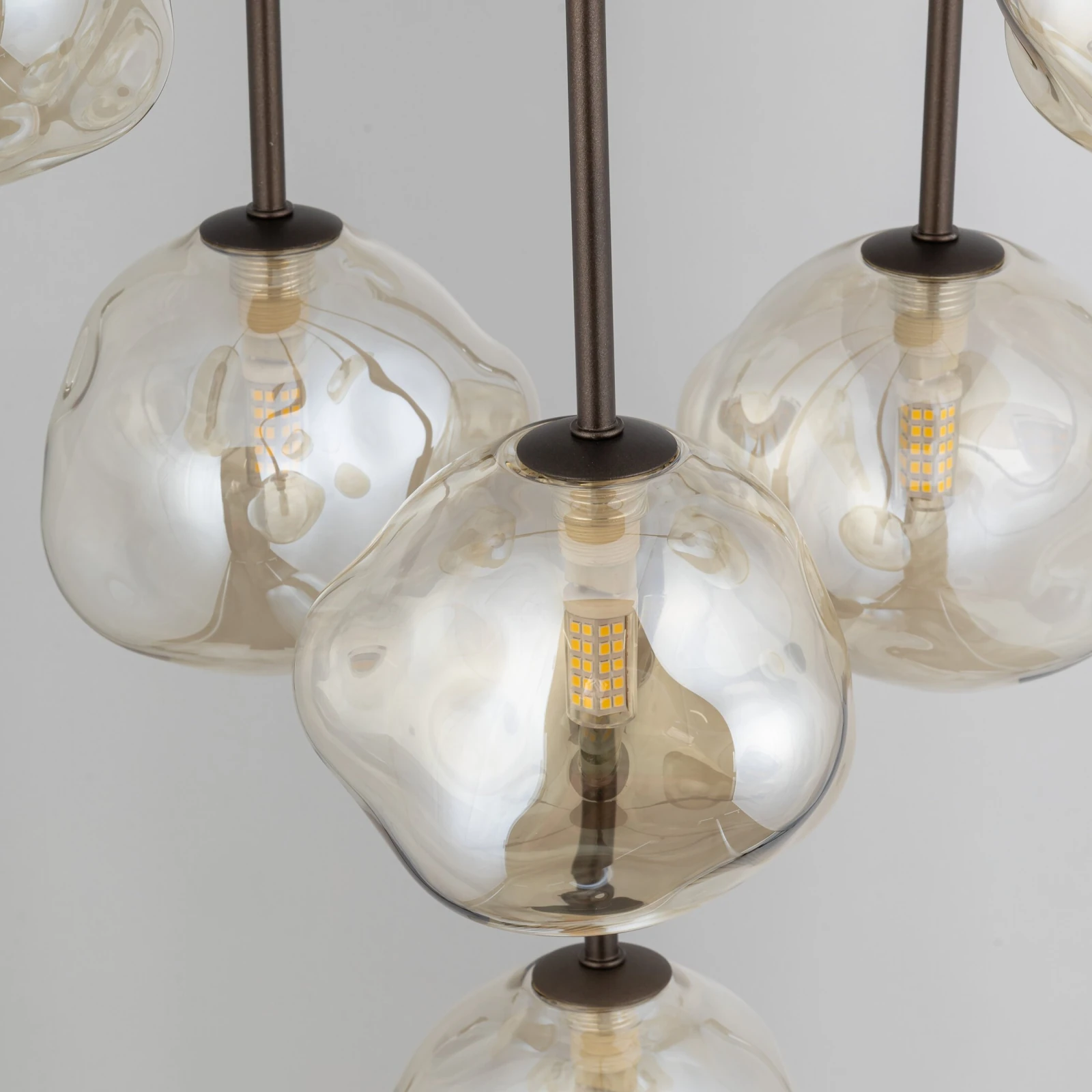 Pendant light 7x8 W – glass shades, brown, sculptural