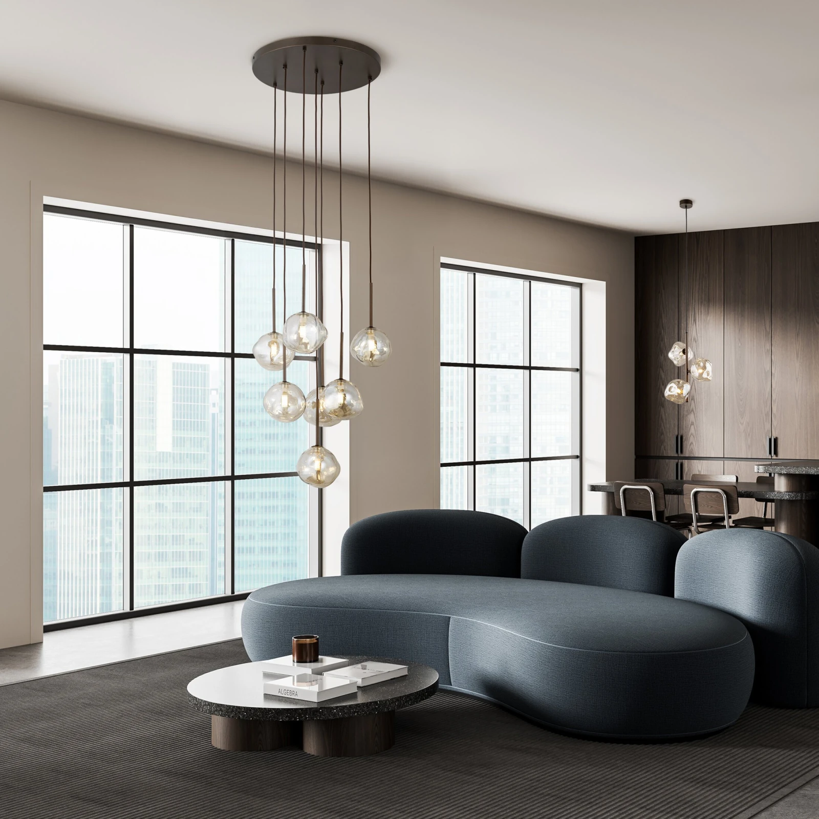 Pendant light 7x8 W – glass shades, brown, sculptural