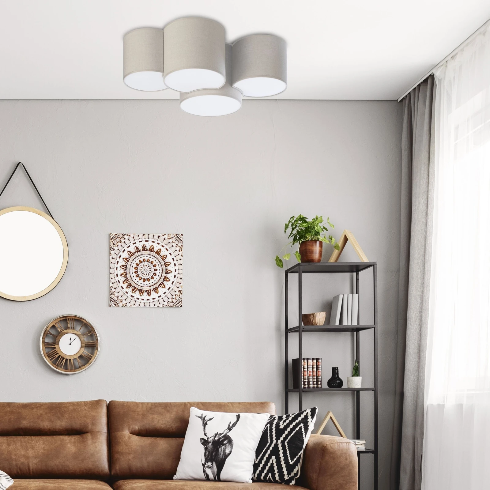 Ceiling lamp 4x15 W – cylinder shades, white and beige fabric
