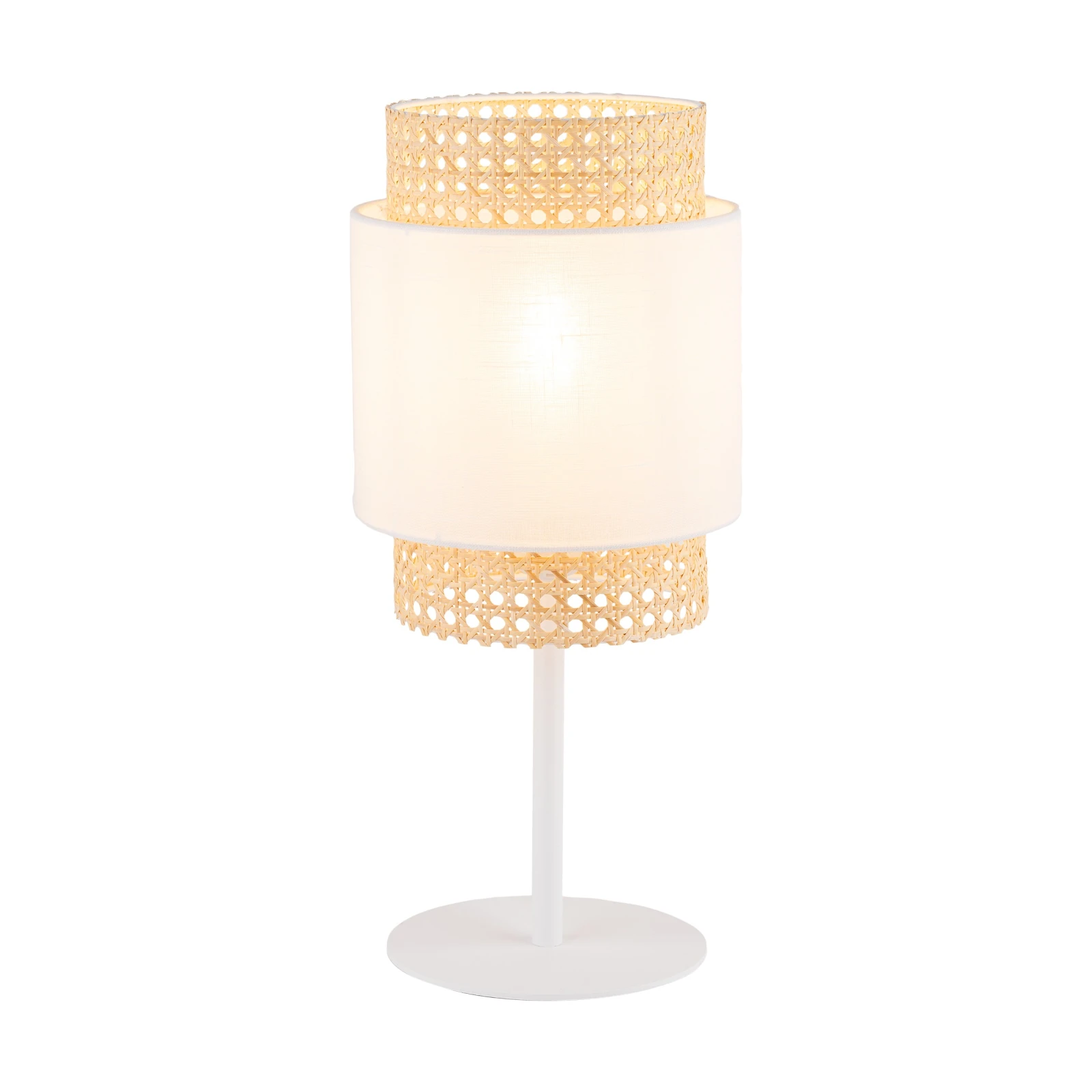 BOHO stalinė lempa, 15 W, E27, balta, rotango ir audinio gaubtas