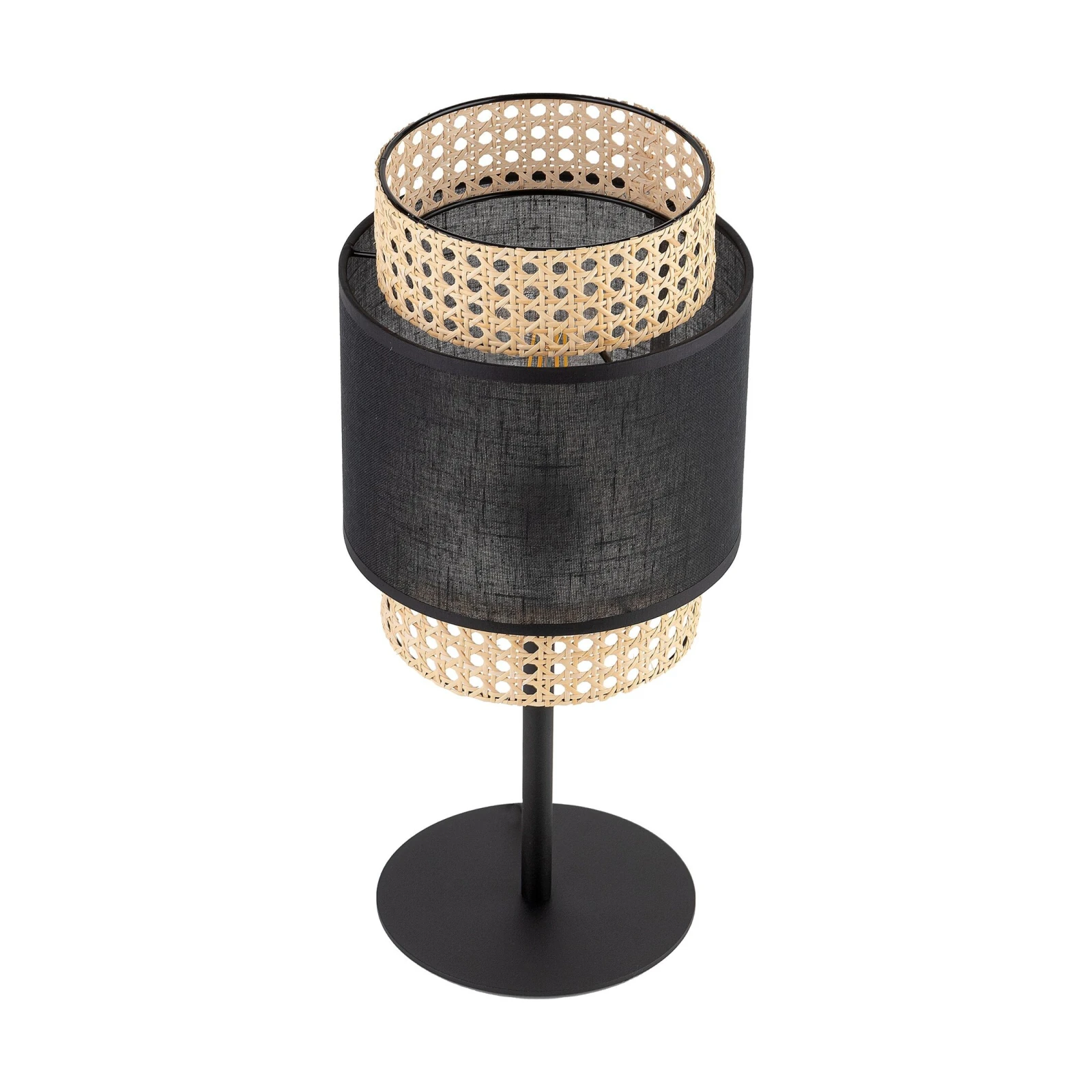 BOHO stalinė lempa, 15 W, E27, juoda, rotango ir audinio gaubtas